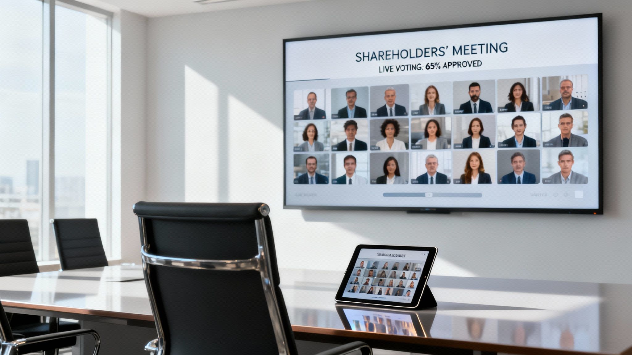 Modern conference room with a large screen displaying a digital shareholders' meeting and a tablet.