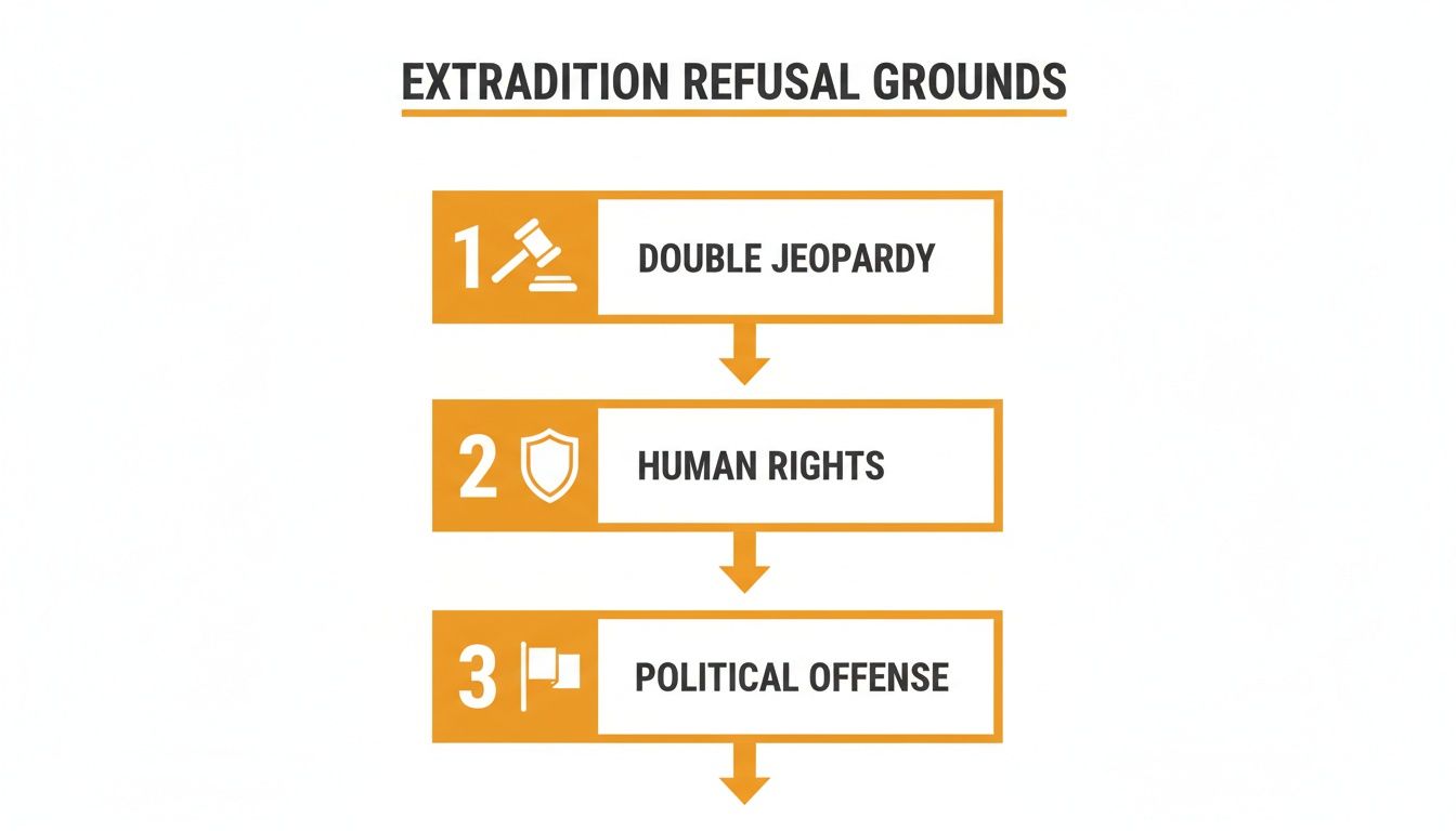 A diagram illustrating the three main grounds for extradition refusal: double jeopardy, human rights, and political offense.