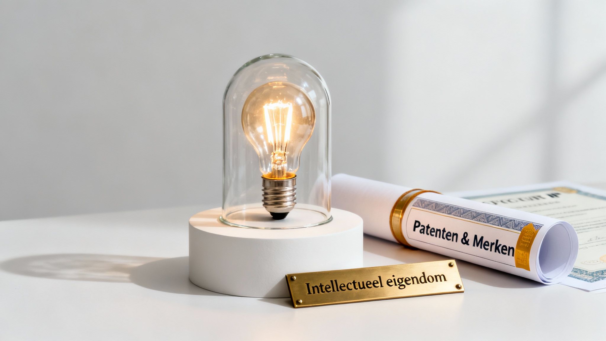 Startup Funding Round: de Juridische Checklist voor een Vlotte Financiering 2 Intellectueel eigendom vertegenwoordigd door een gloeilamp, patentdocument en metalen plaatje.