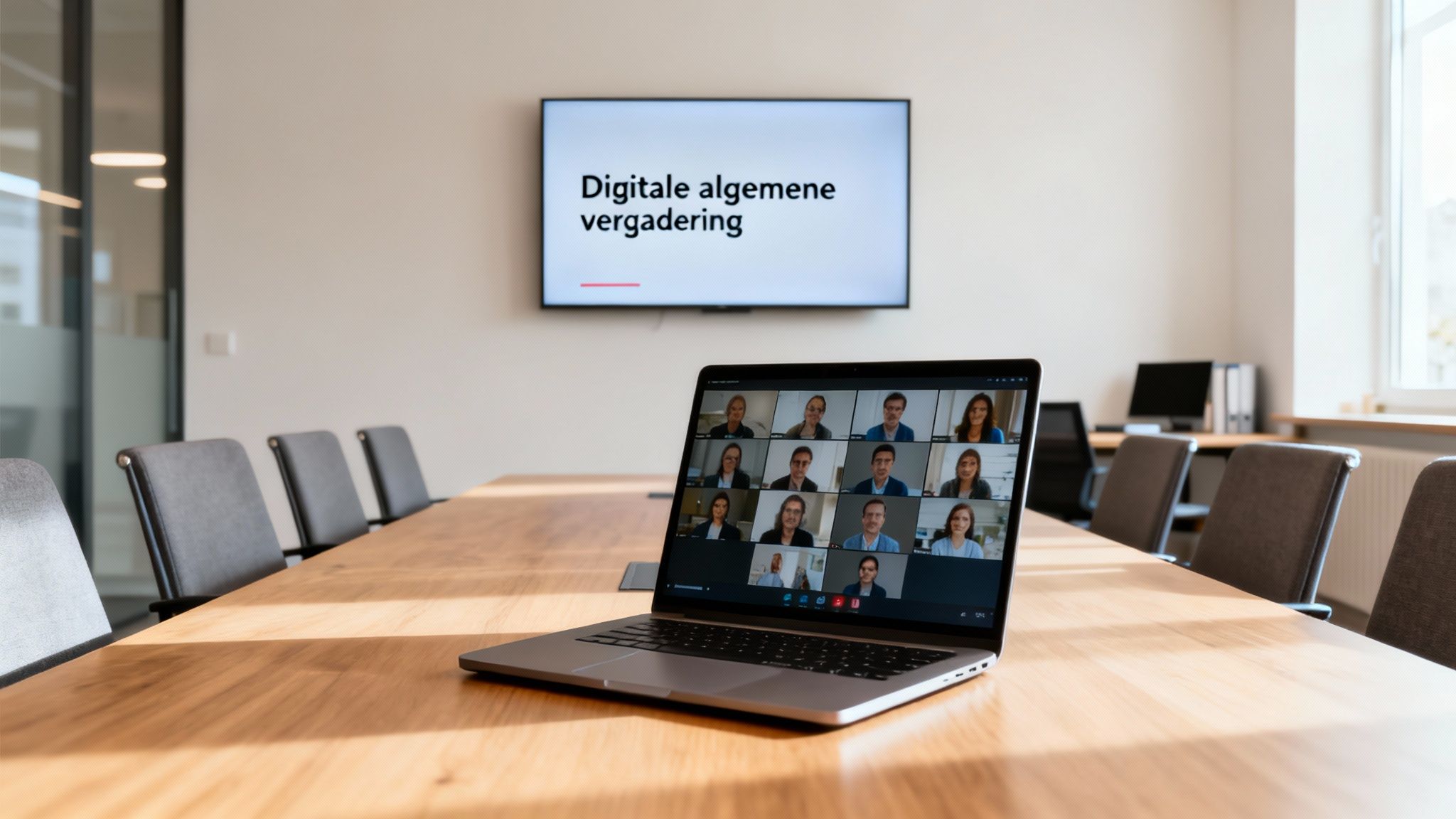 Juridische gids voor digitale algemene vergaderingen 1 Een laptop op een vergadertafel toont een online vergadering, met een scherm op de achtergrond dat 'Digitale algemene vergadering' toont.