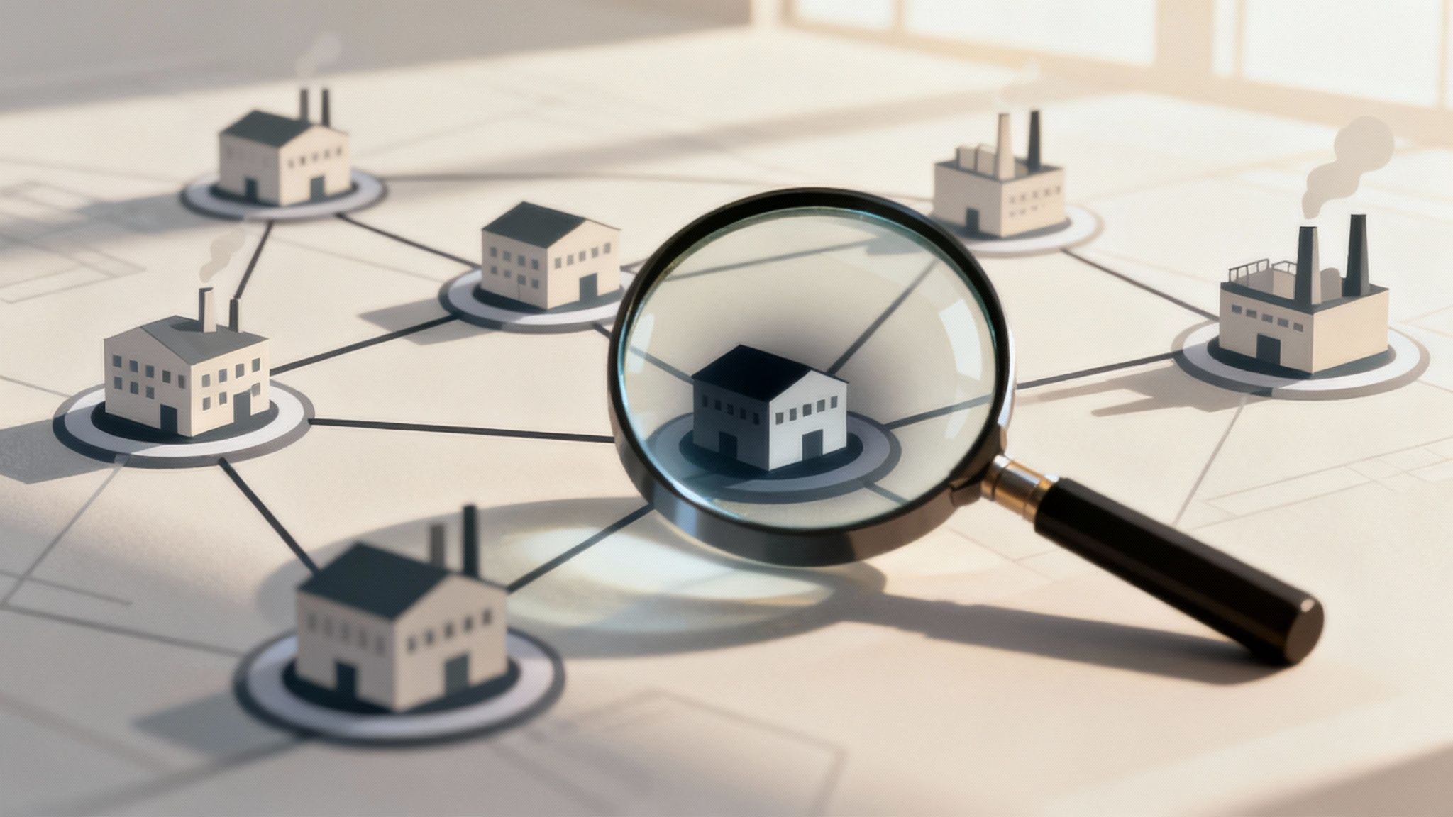 Een vergrootglas gericht op een model van een toeleveringsketen, wat de noodzaak van diepgaand onderzoek naar ESG-praktijken van leveranciers benadrukt.