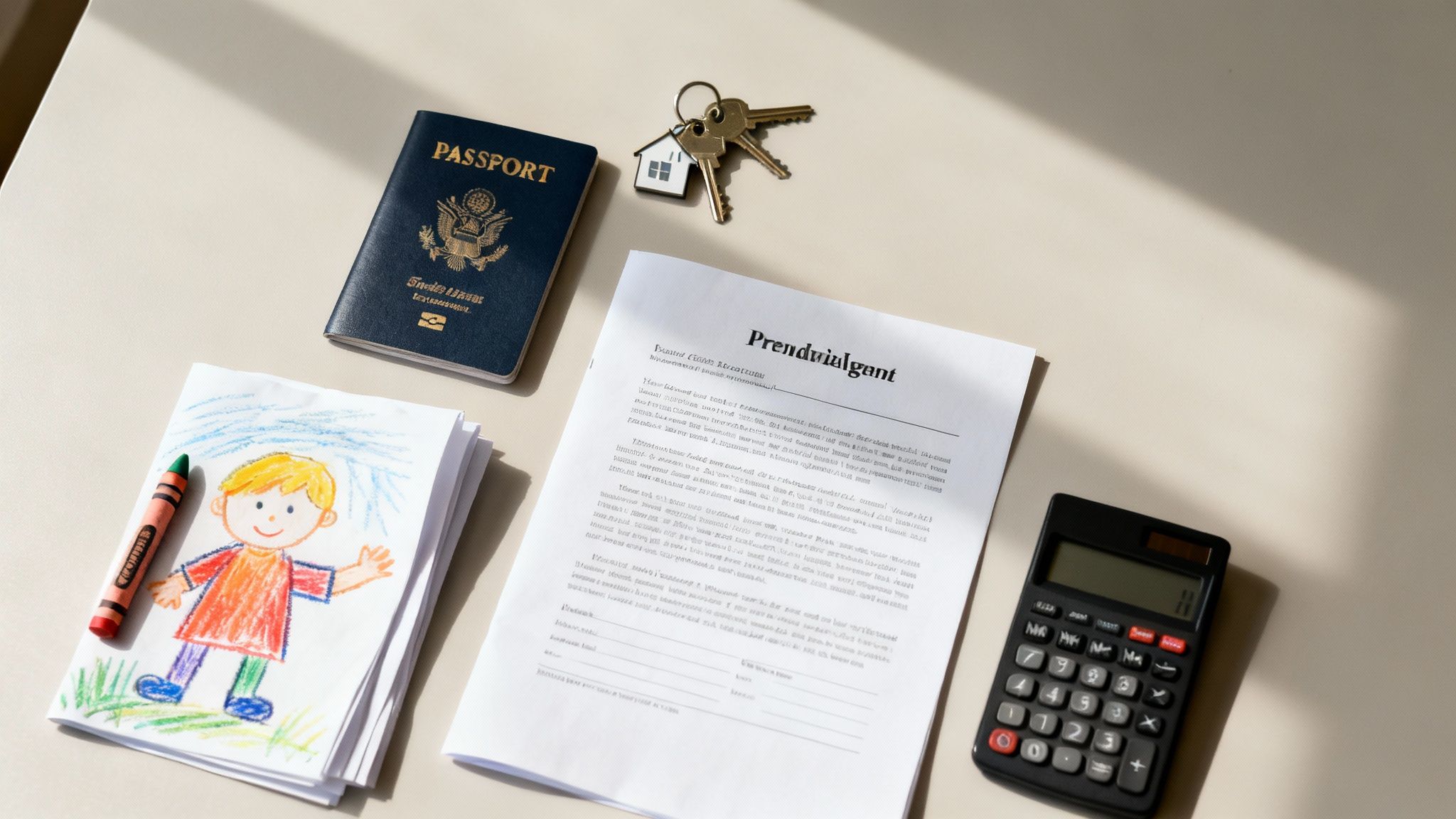 Flash Marriage Regret: How Quickly Can You Divorce in the Netherlands? 5 A U.S. passport, house keys, documents, a calculator, and a child's drawing on a table.