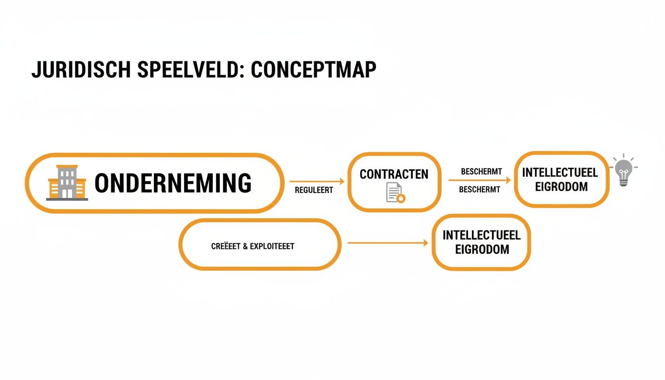 Metaverse Juridische Kaders: Een Complete Gids voor Nederlandse Bedrijven 1 Conceptmap over het juridische speelveld van een onderneming, contracten en intellectueel eigendom.