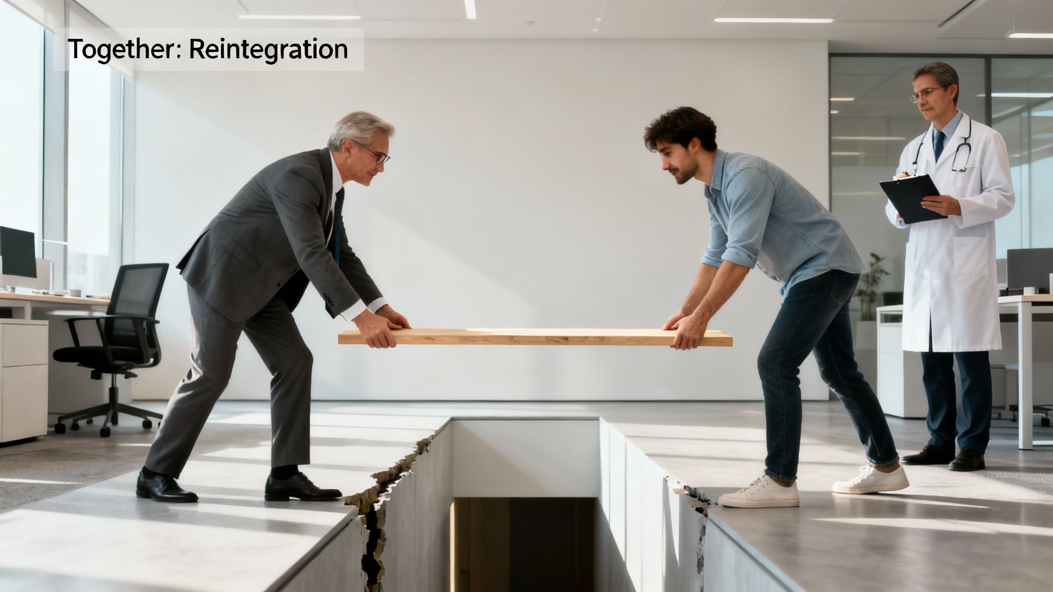 In an office, two men bridge a floor chasm with a wooden plank, observed by a doctor.