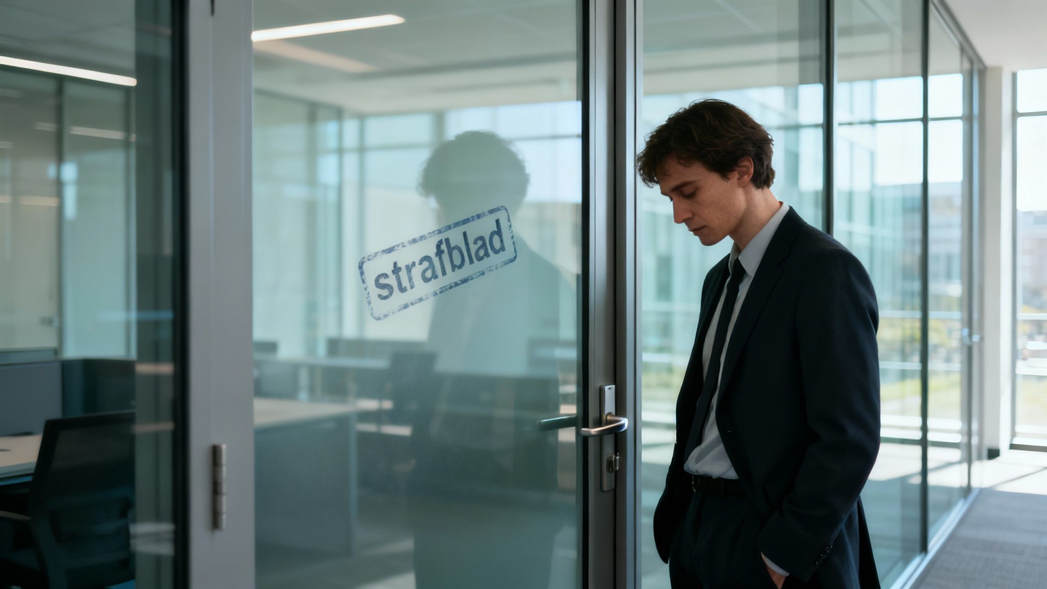 Jonge zakenman in pak staat somber bij glazen deur met strafblad stempel in kantoor
