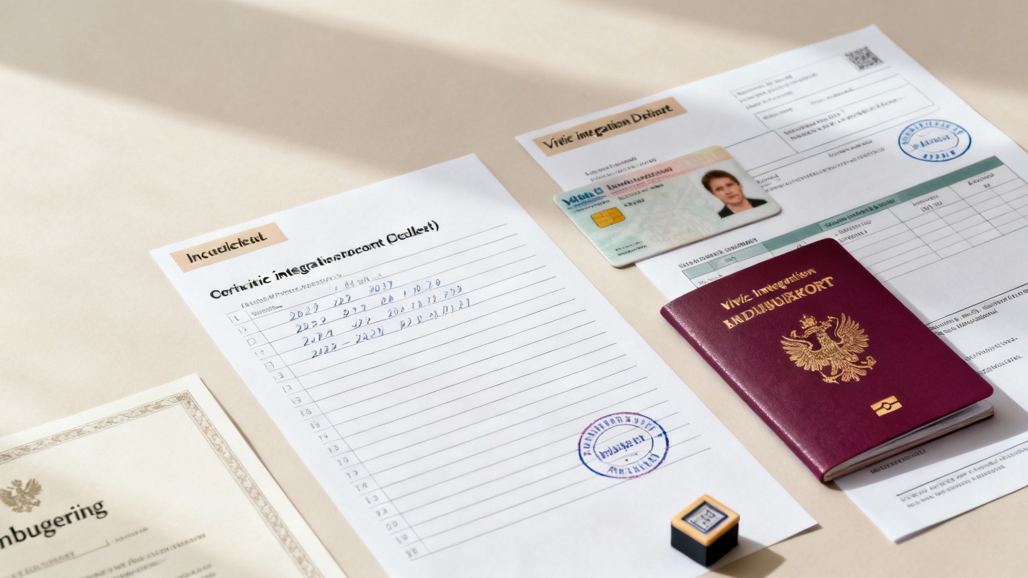 Indefinite residence permit documents including passport, ID card, certificate and official stamps