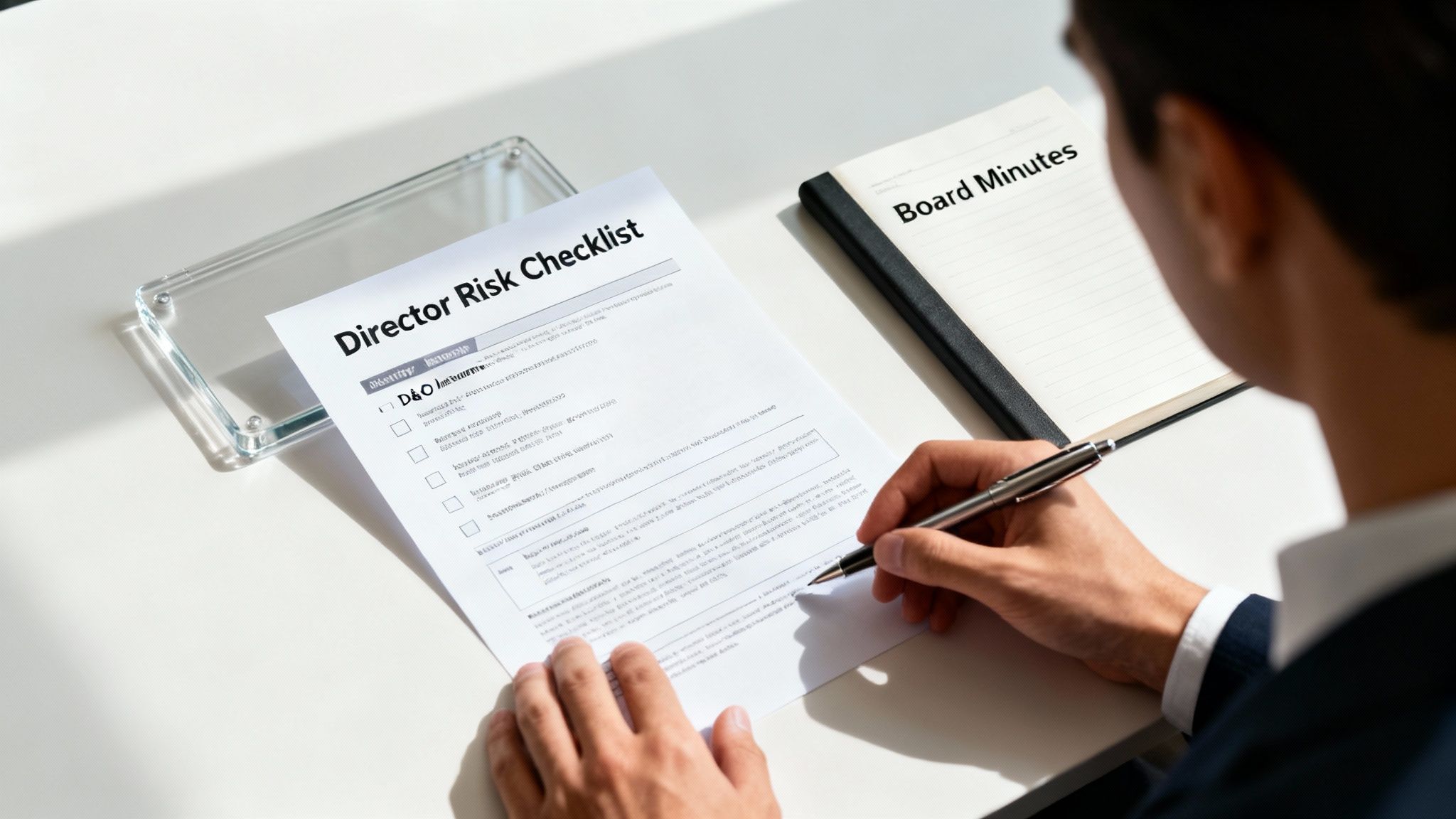 A director carefully reviewing documents and plans at a modern office desk, symbolizing proactive risk management.