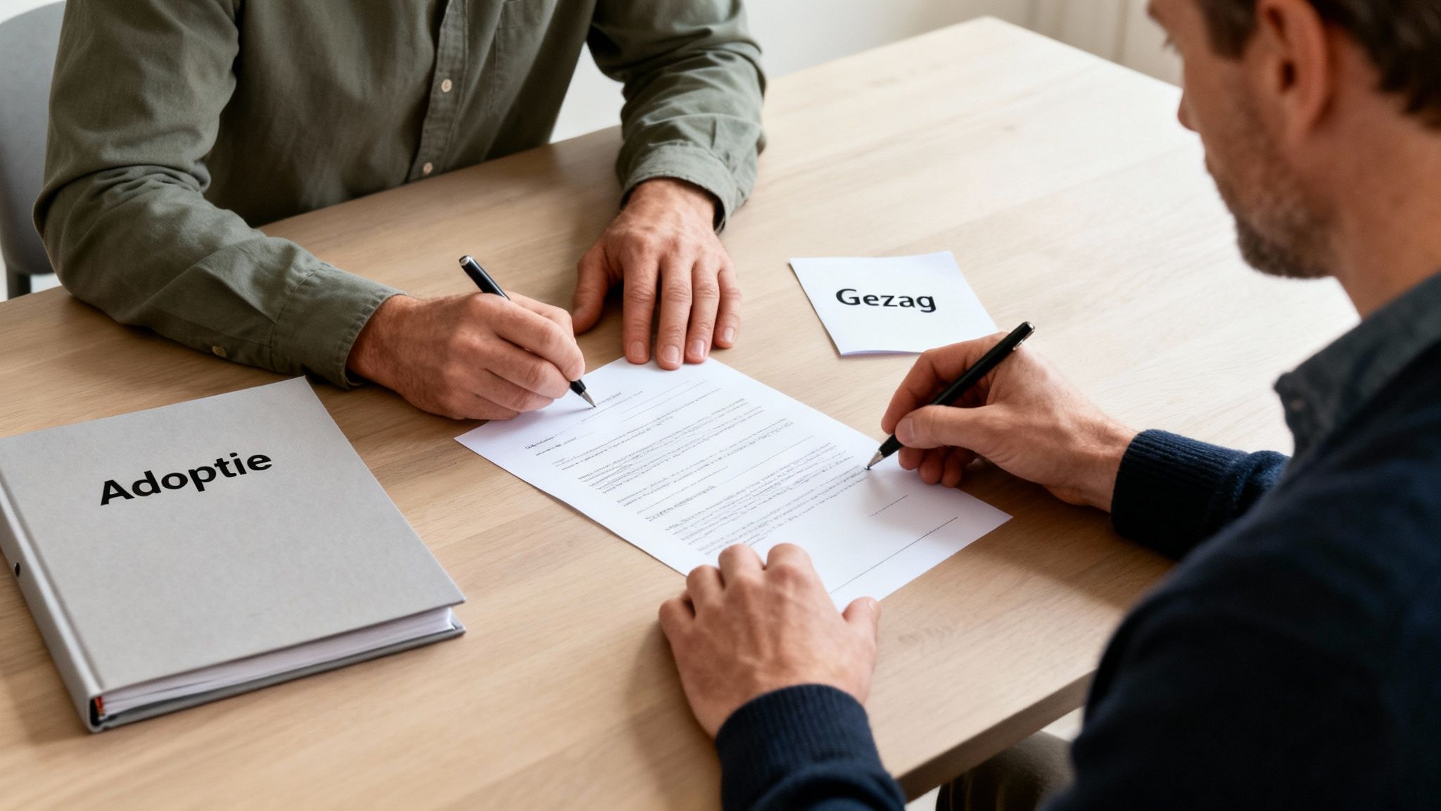 Hoe regelt u de erkenning van ouderschap als koppel van gelijk geslacht? 2 Twee mannen ondertekenen adoptiepapieren en documenten voor ouderlijk gezag aan een houten tafel, wat juridische stappen symboliseert.