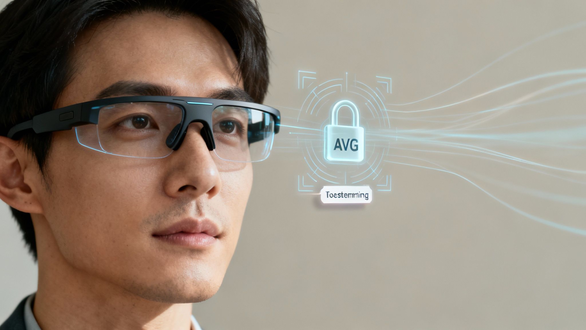 Metaverse Juridische Kaders: Een Complete Gids voor Nederlandse Bedrijven 3 Man met AR-bril ziet digitaal slot met AVG en toestemming, duidt op privacy.