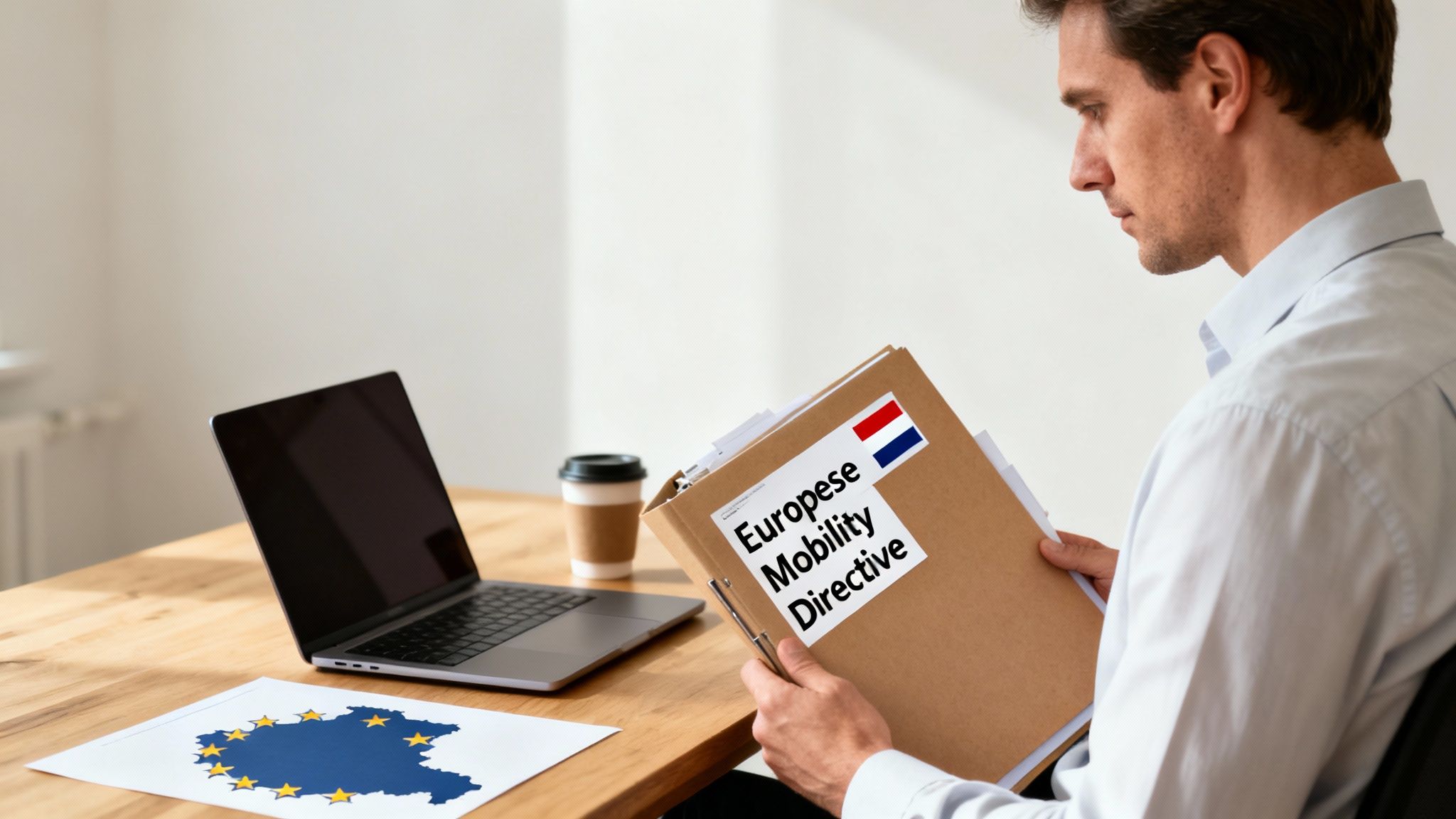 Een man bestudeert documenten over de Europese Mobiliteitsrichtlijn, met de Nederlandse vlag, laptop en Europese kaart op tafel.