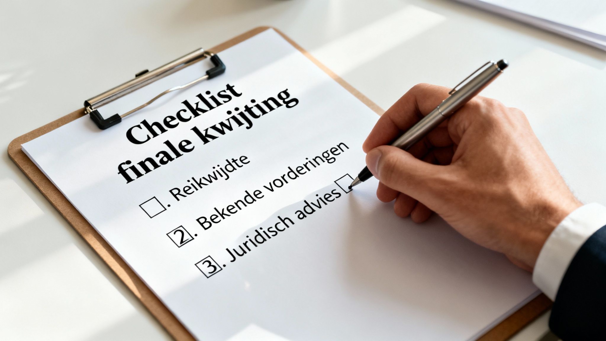 Finale kwijting betekenis: wat houdt deze clausule juridisch in? 3 Een hand vinkt 'Juridisch advies' aan op een checklist voor finale kwijting, met andere items zoals 'Reikwijdte' en 'Bekende vorderingen'.