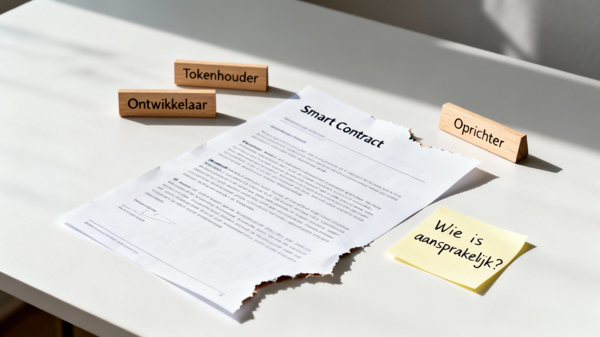 Een gids voor DAO's en Nederlands vennootschapsrecht 2 Een smart contract document met houten blokken 'Tokenhouder', 'Ontwikkelaar', 'Oprichter' en een vraag over aansprakelijkheid.