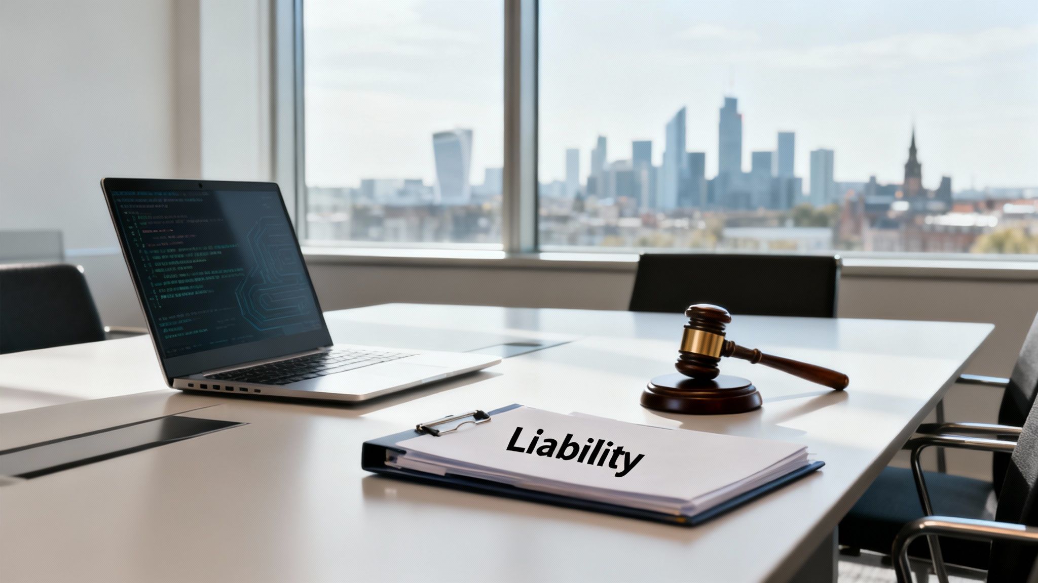 Your Firm's Guide to Algorithmic Bias Liability 1 Legal gavel, laptop with code, and 'Liability' document on a desk in a modern office with city views.