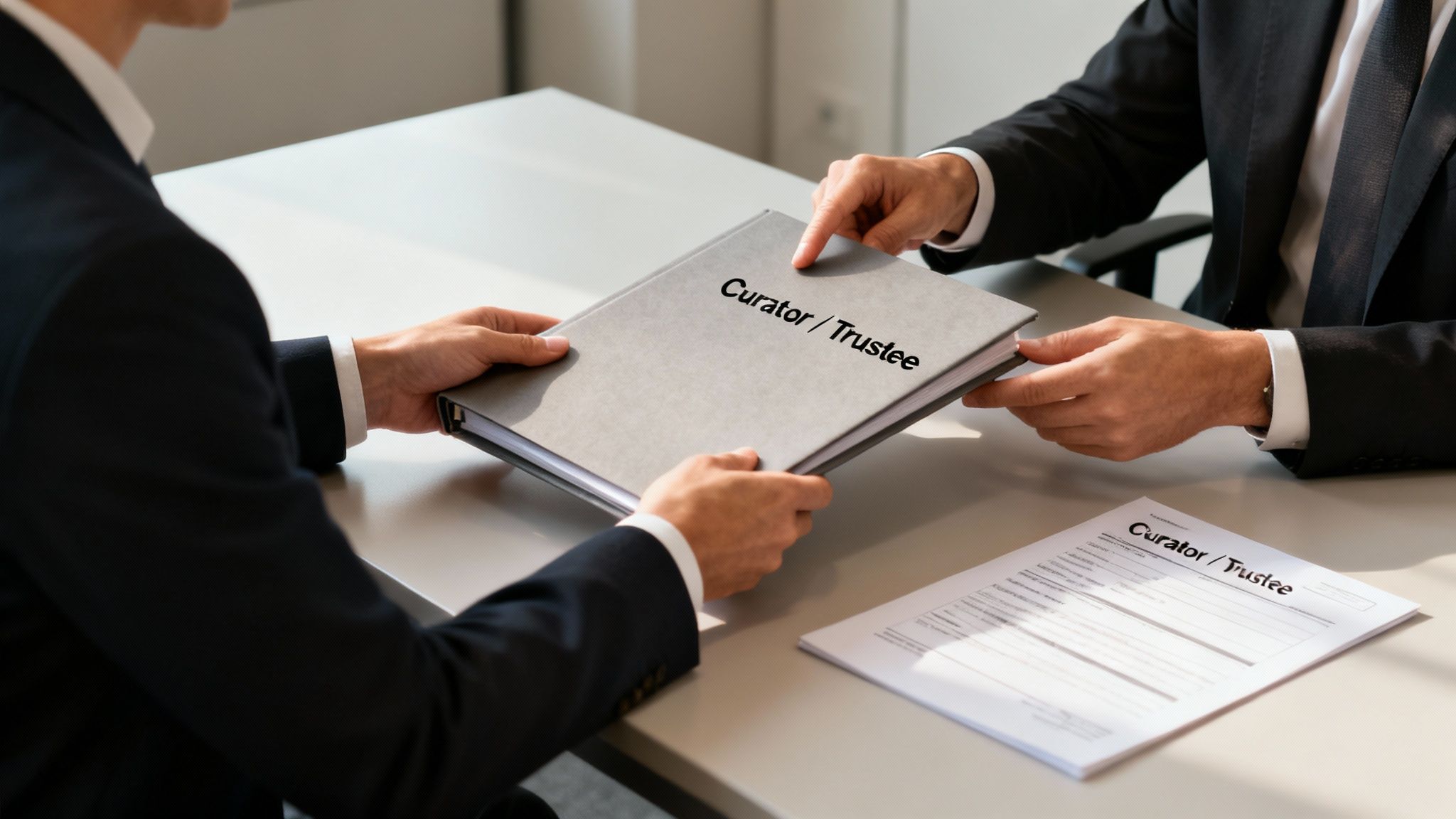 The consequences of your contract partner’s bankruptcy: what can you do? 5 A professional setting with two people in a serious discussion across a desk