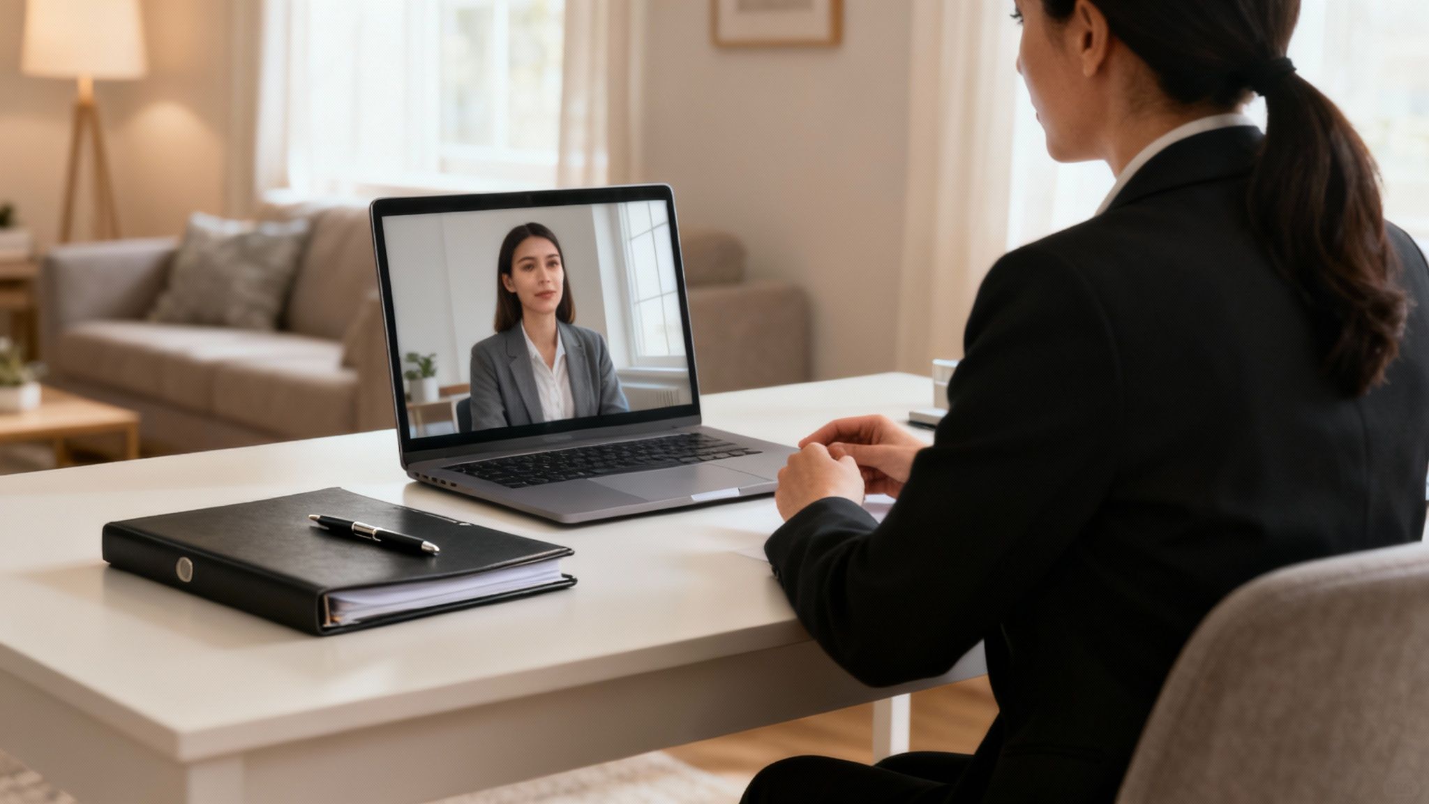 Үй кеңсесіндегі үстелде отырған адам бейнеқоңырау кезінде ноутбук экранына мұқият қарап, қашықтан тергеу сұхбатын суреттейді.