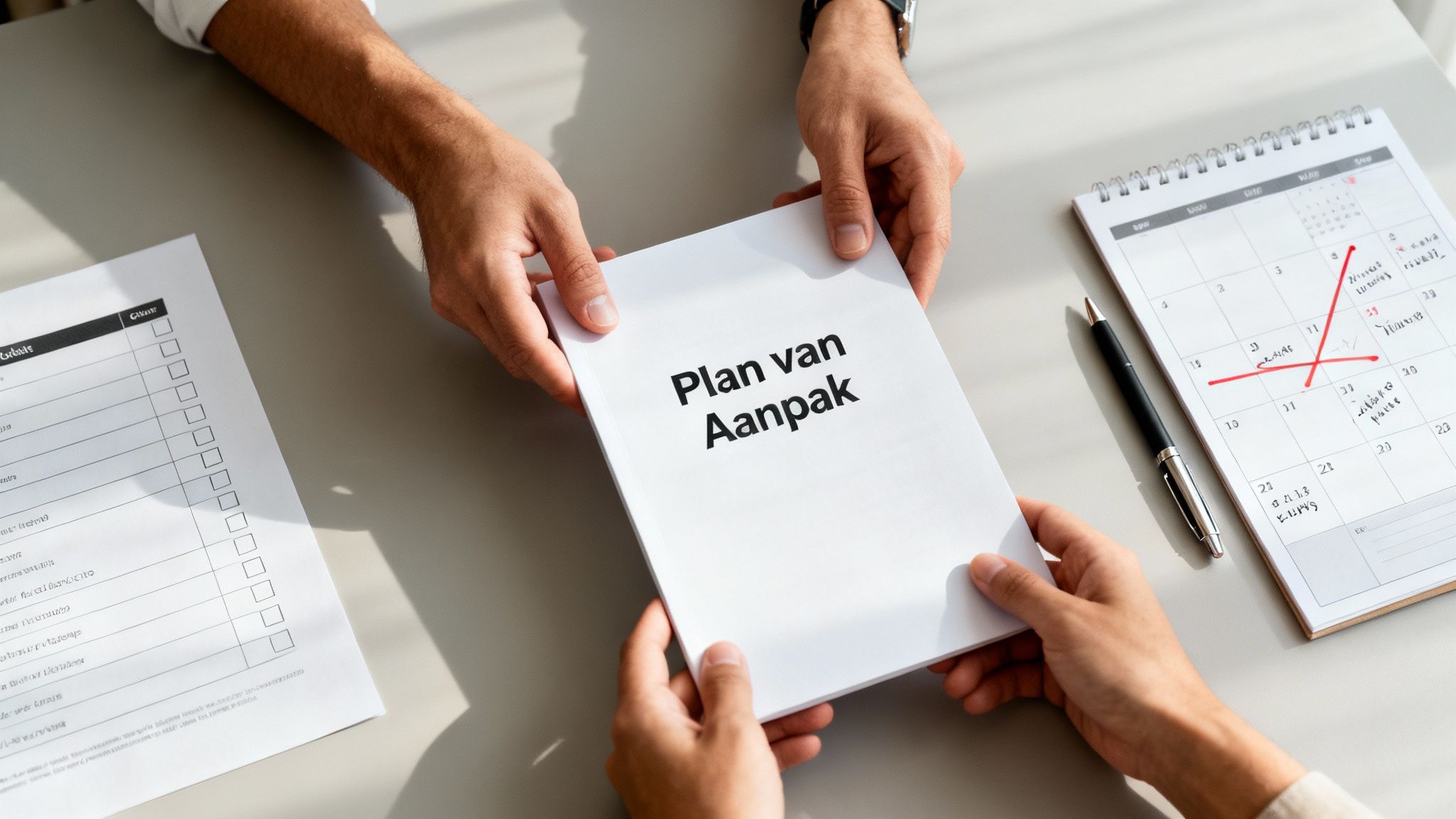 A manager and an employee reviewing documents at a desk, symbolising a formal process.