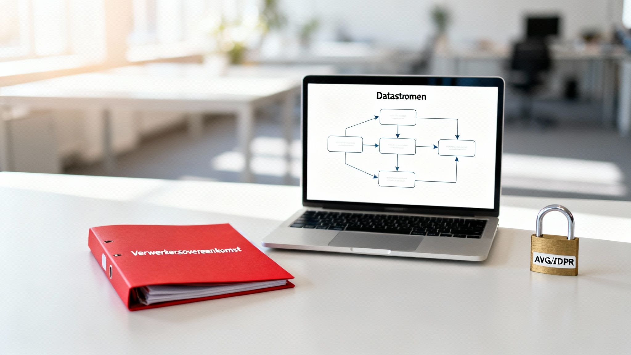 Fusies en overnames in de tech-sector: valkuilen en tips voor een waterdichte due diligence 3 Een bureau met een rode map 'Verwerkersovereenkomst', laptop met datastromen diagram en een slotje 'AVG/GDPR'.