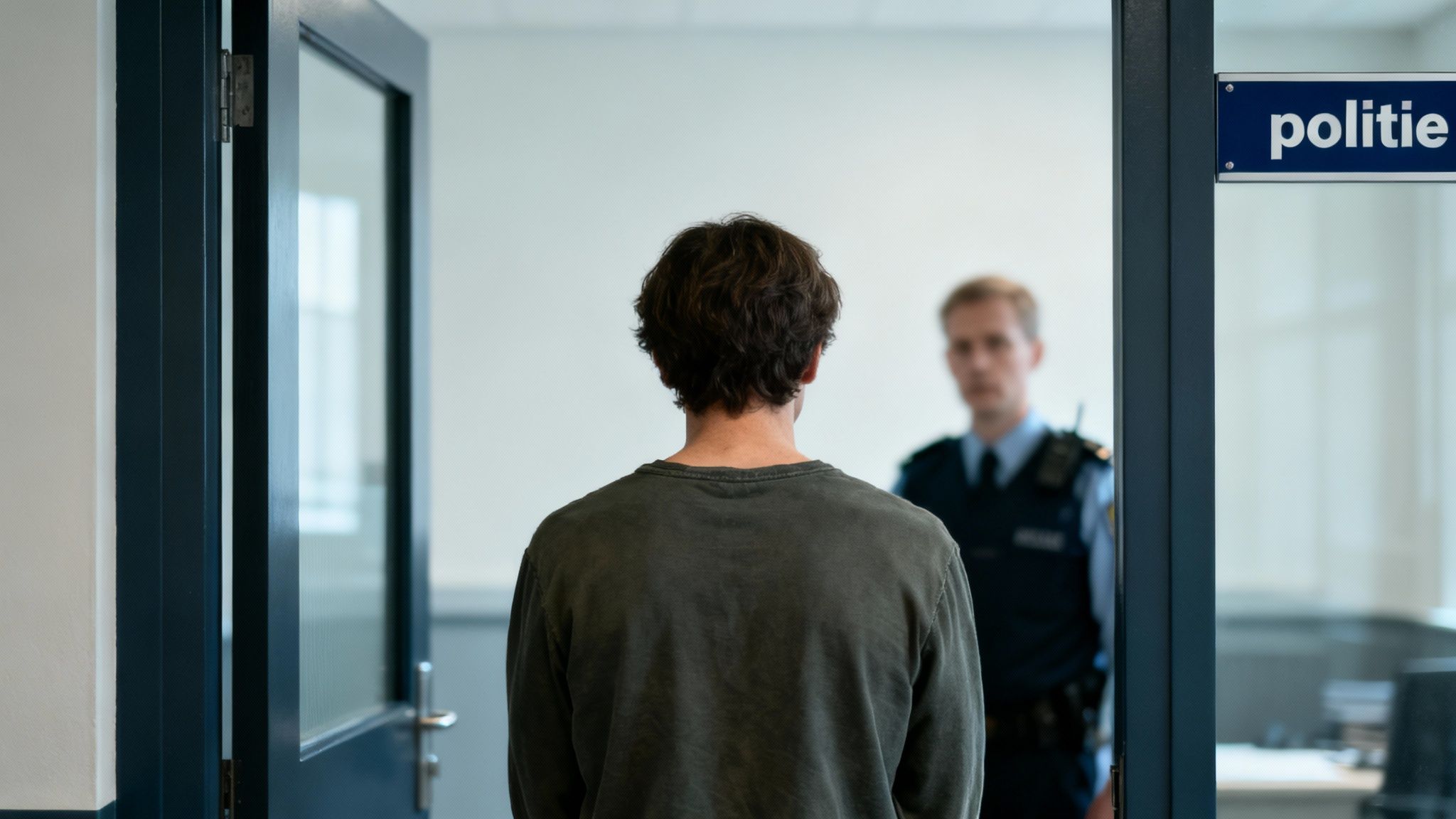 Persoon staat tegenover politieagent in verhoorkamer tijdens politieverhoor als verdachte