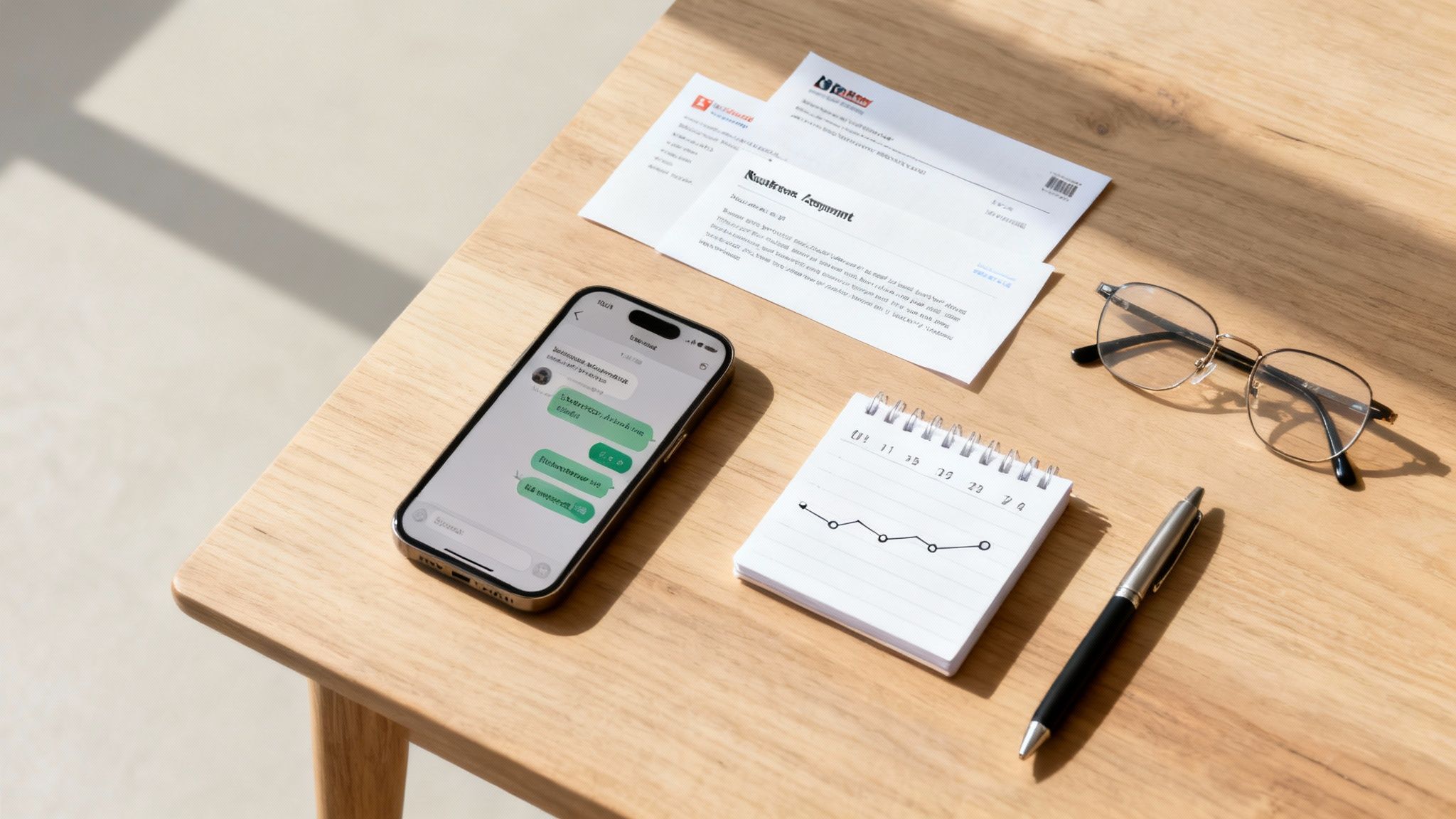 A flat lay of a wooden desk with a phone displaying messages, documents, a notepad, pen, and glasses.