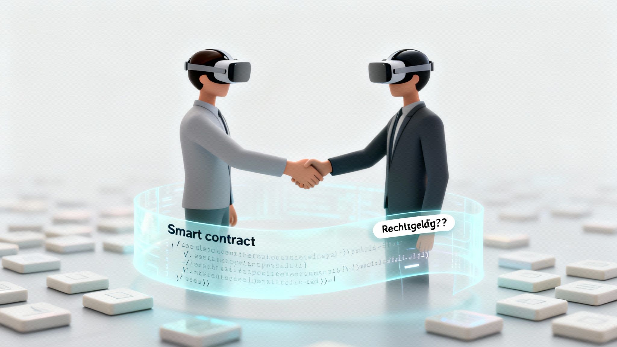 Metaverse Juridische Kaders: Een Complete Gids voor Nederlandse Bedrijven 4 Twee mensen met VR-brillen schudden handen boven een hologram van een smart contract. De vraag over rechtsgeldigheid staat centraal.
