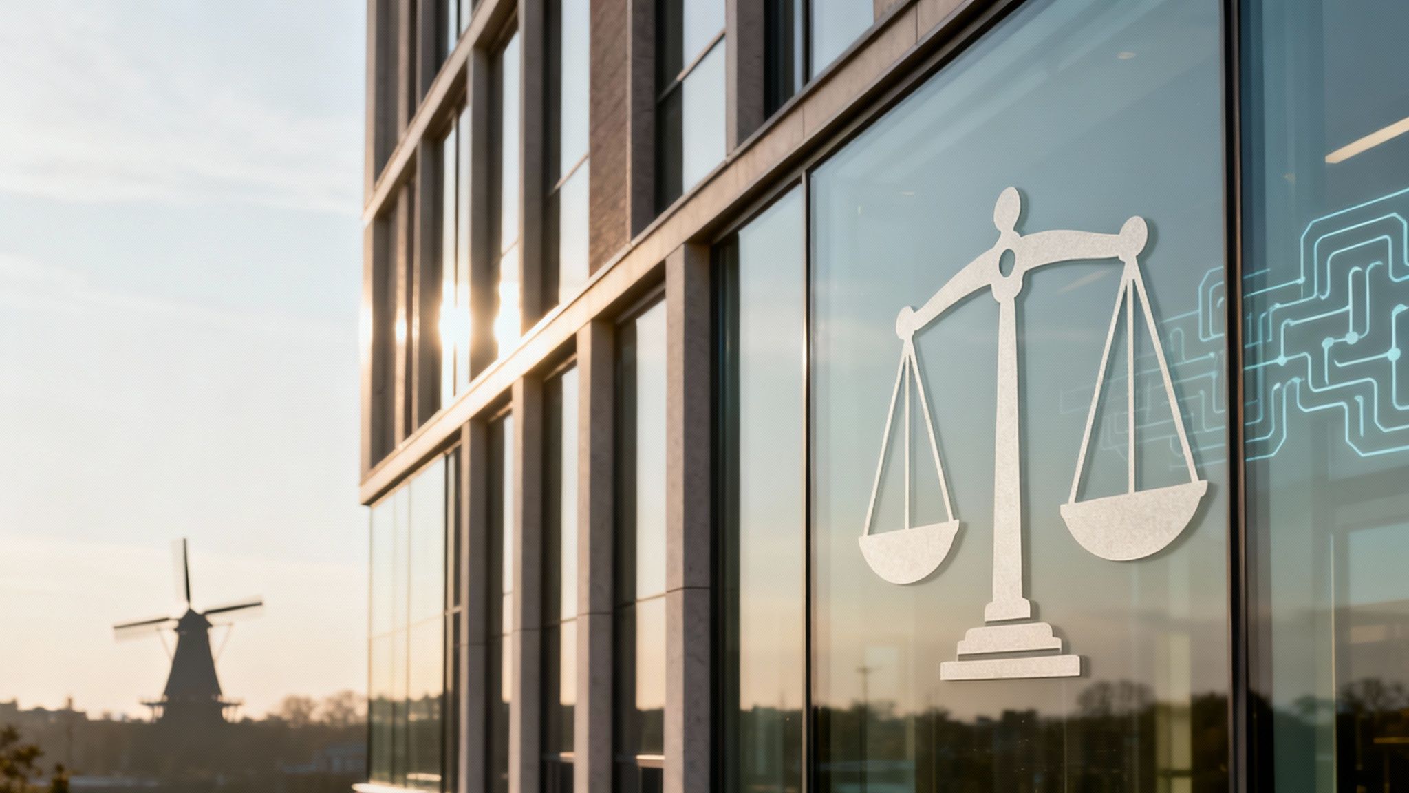 the legal framework for quantum computing and data security! 5 A modern, sleek representation of Dutch technological innovation, possibly featuring abstract tulips and quantum symbols