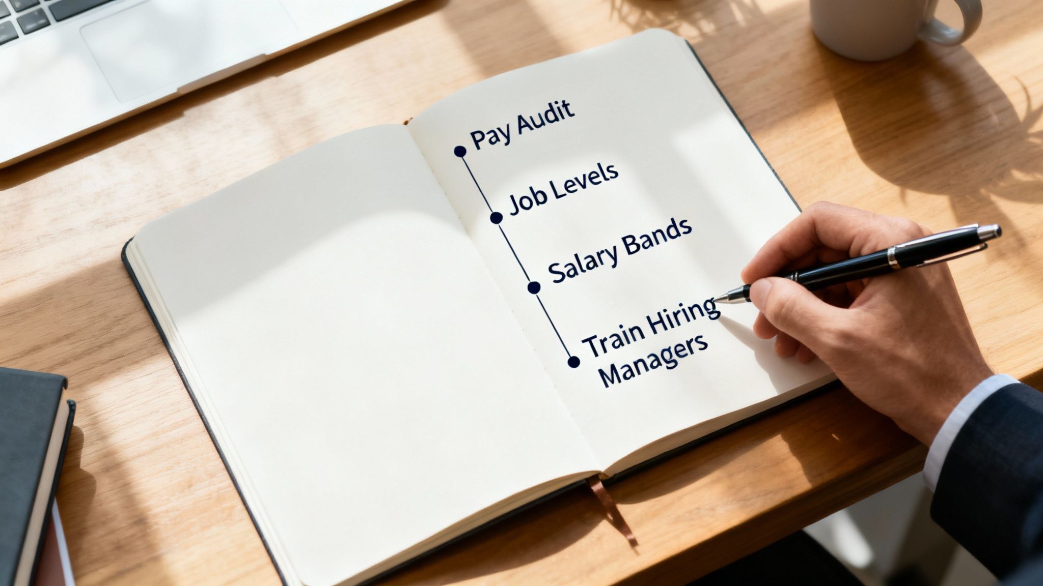 Guide to Salary Transparency Legislation: A Dutch Compliance Manual for 2026 5 A person writing in a notebook with a list about pay audits, job levels, and salary bands.