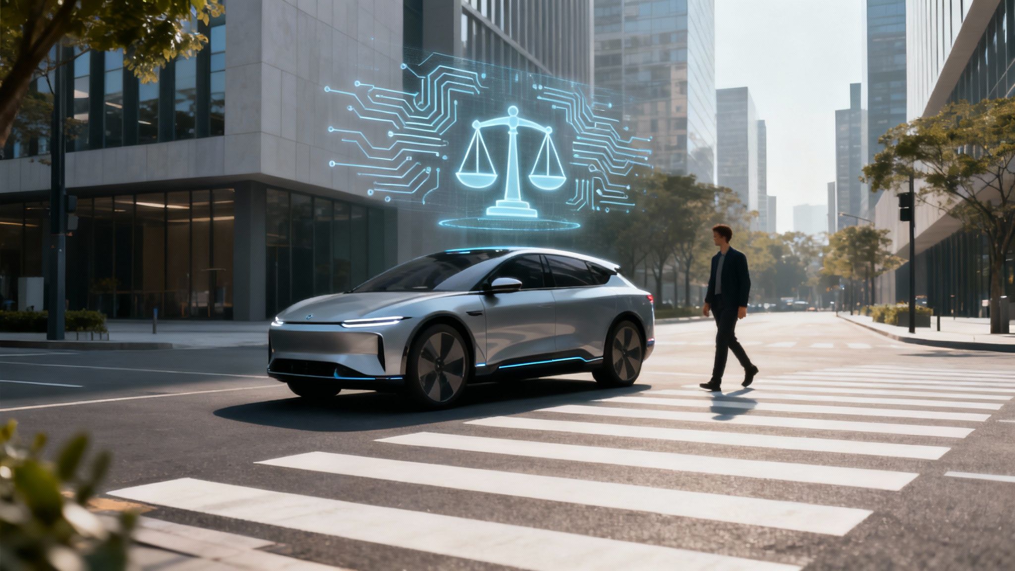 Wat is aansprakelijkheidsrecht en hoe werkt het 4 Een futuristisch beeld van een zelfrijdende auto en een robotarm, wat de technologische uitdagingen voor het aansprakelijkheidsrecht symboliseert