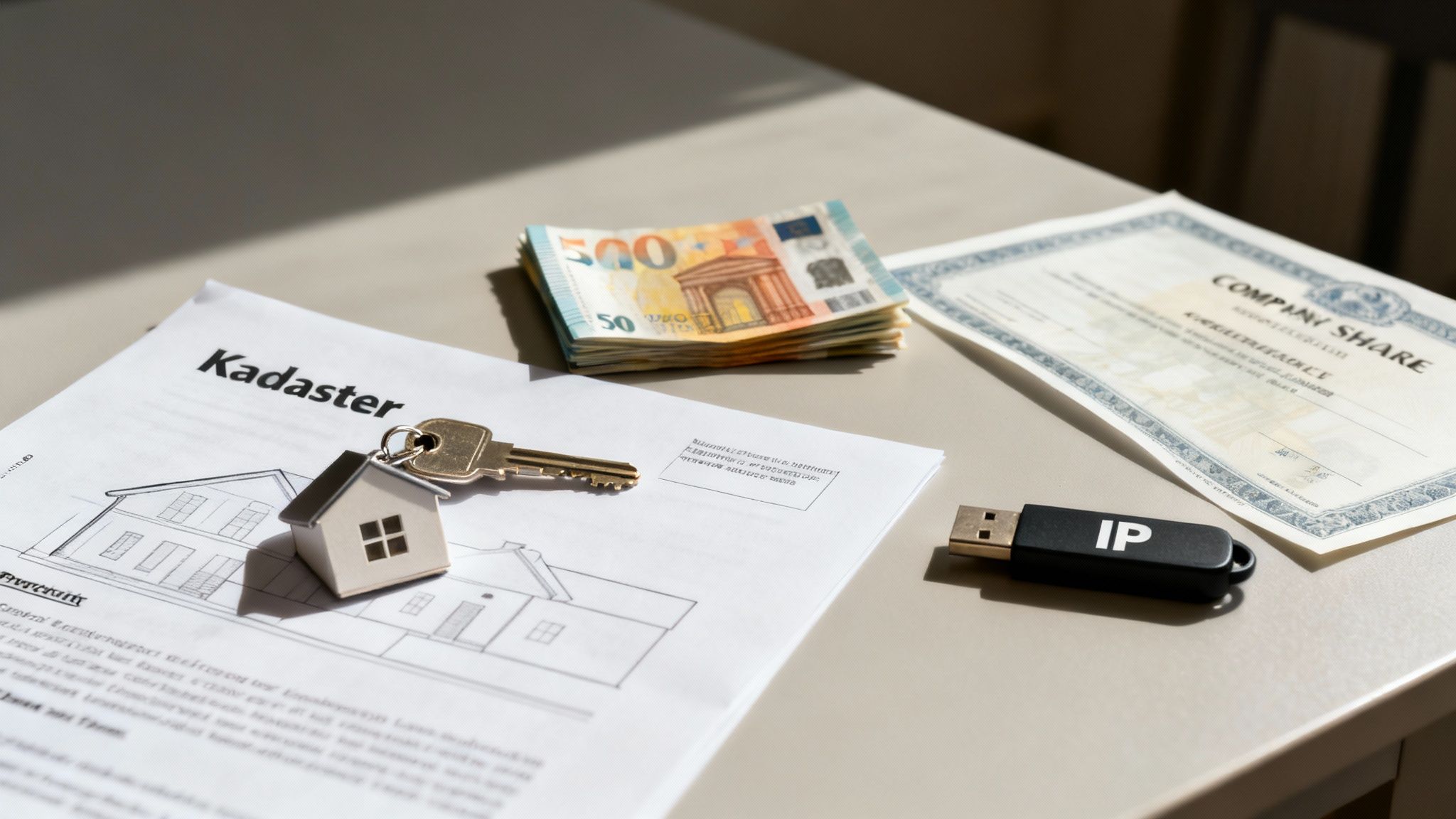 A diverse collection of assets including a house, car, and financial documents, representing what can be targeted by an attachment order in the Netherlands.
