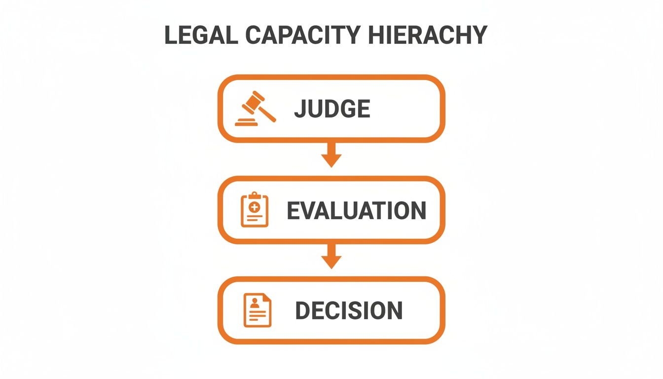 A flowchart titled 'Legal Capacity Hierarchy' showing three steps: Judge, Evaluation, and Decision, with icons.