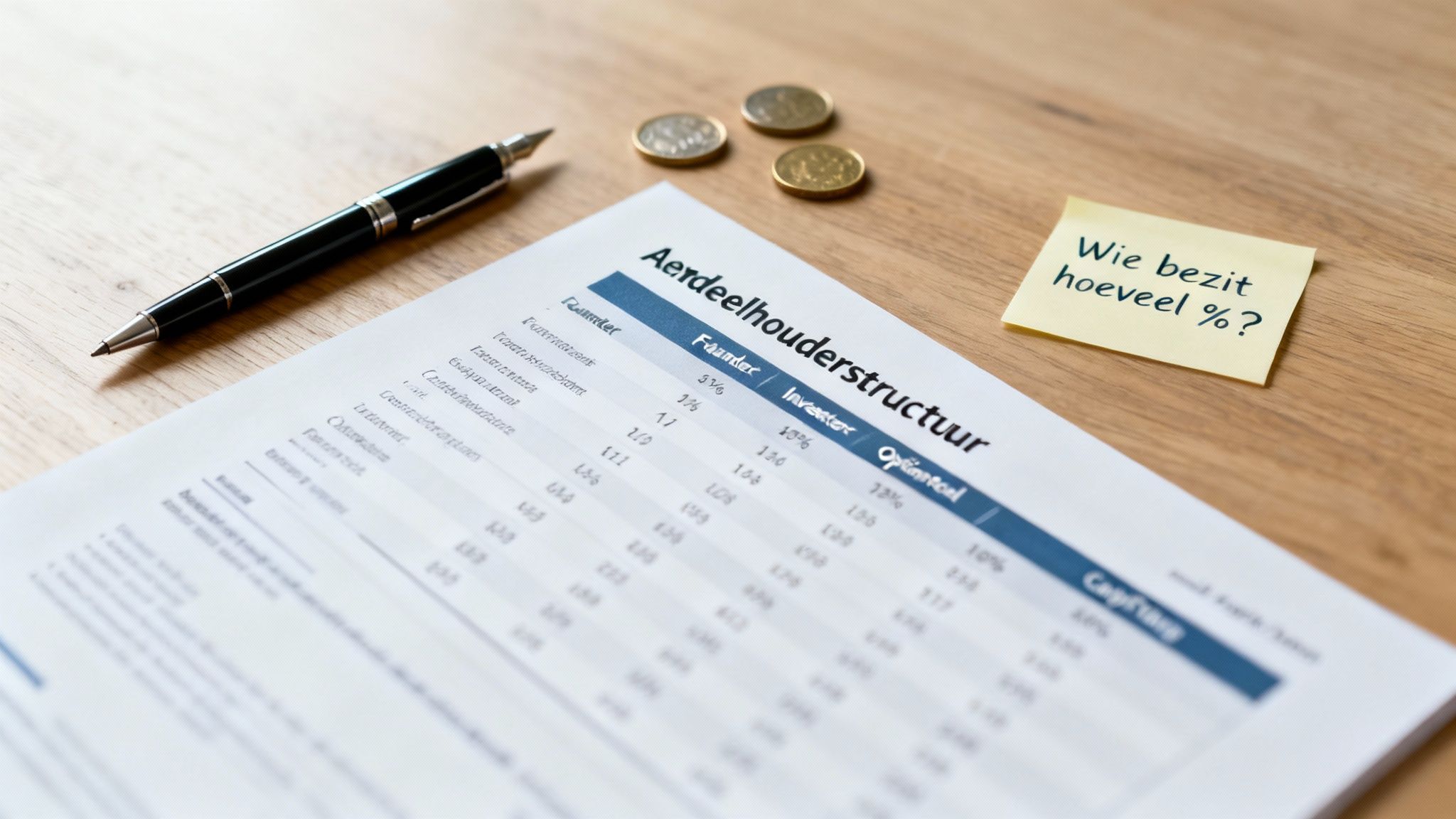 Startup Funding Round: de Juridische Checklist voor een Vlotte Financiering 1 Detail van een aandeelhoudersstructuur document op een bureau met pen en sticky note.