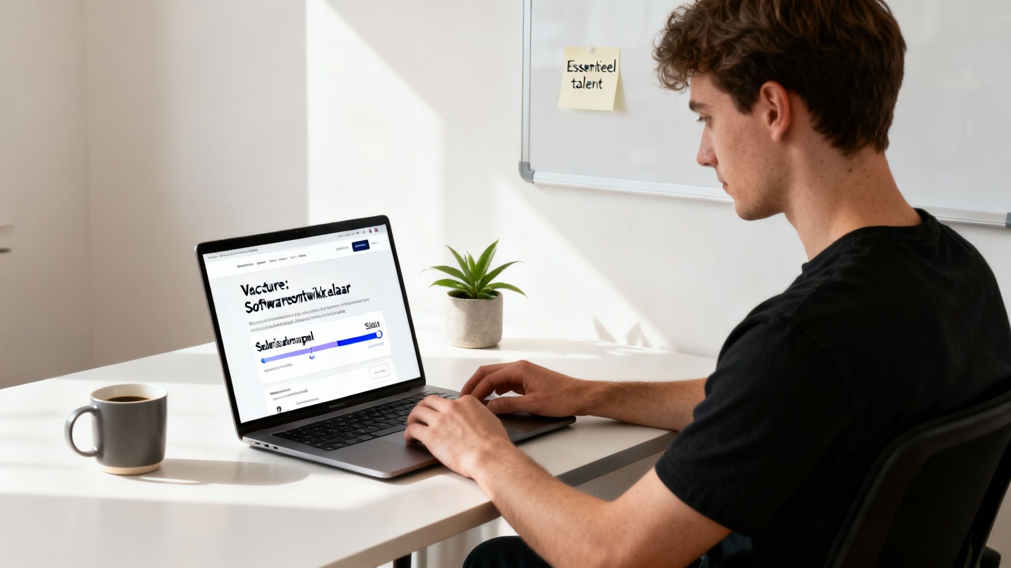 Jonge man werkt aan laptop met vacature voor softwareontwikkelaar op het scherm, naast koffie en plant.