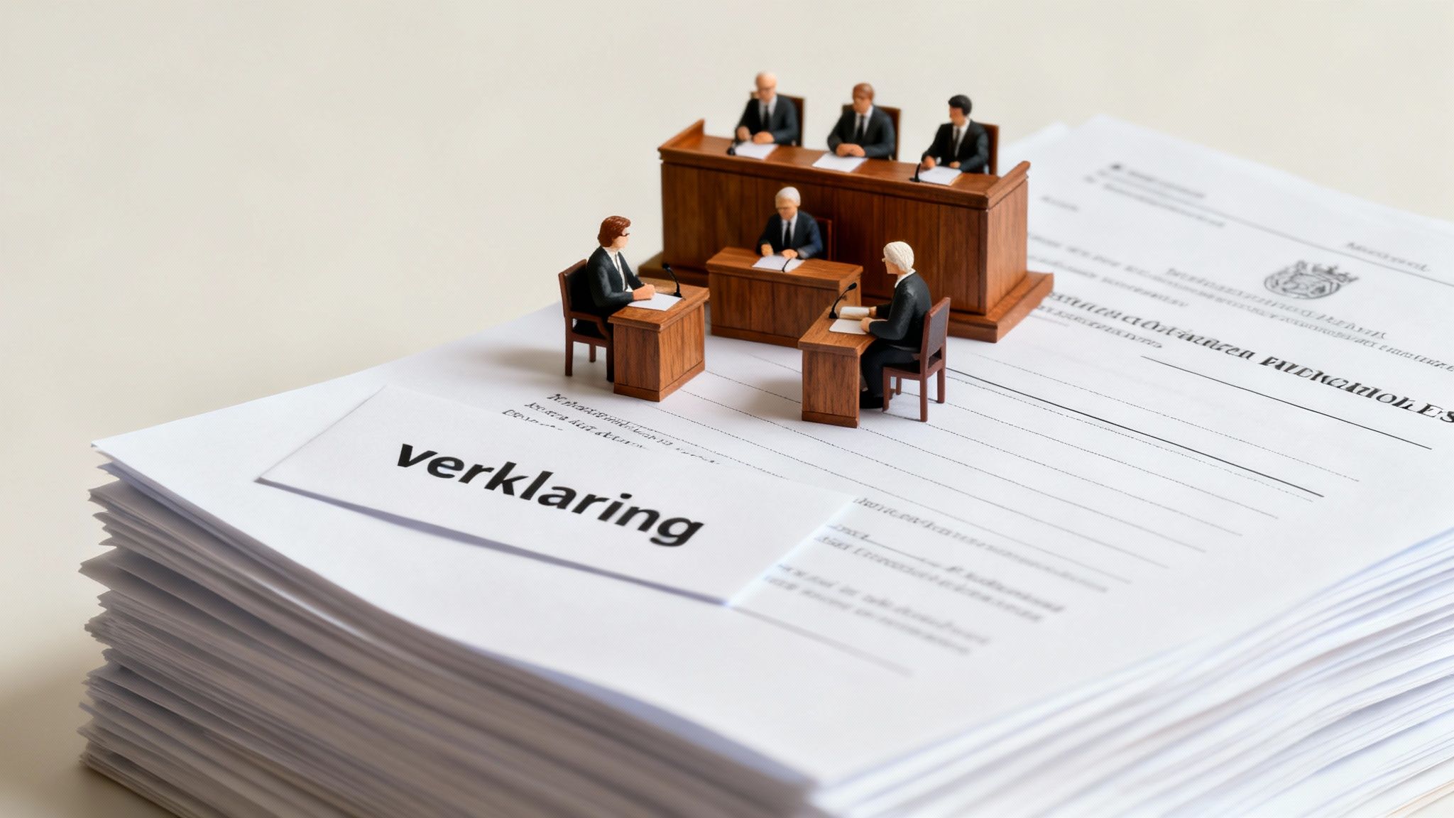 Miniatuur rechtbank met rechters en advocaten op een stapel documenten, inclusief een 'verklaring'.
