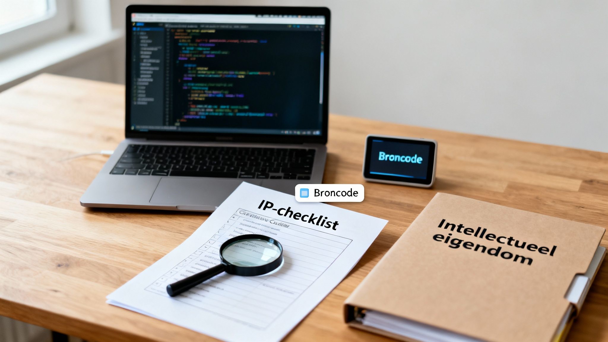 Fusies en overnames in de tech-sector: valkuilen en tips voor een waterdichte due diligence 2 Een werkplek met laptop, broncode op scherm, een IP-checklist en een map over intellectueel eigendom.