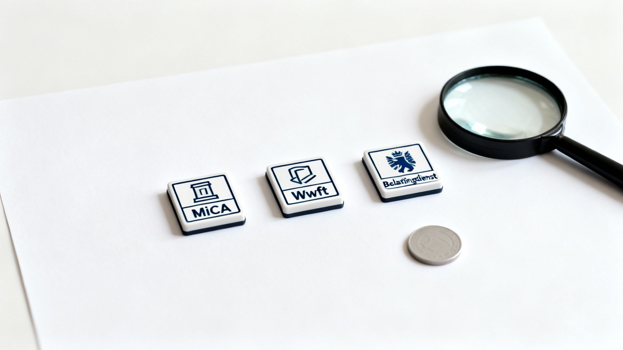 Een gids voor DAO's en Nederlands vennootschapsrecht 3 Drie tegels met MICA, Wwft en Belastingdienst iconen, een vergrootglas en munt op papier.