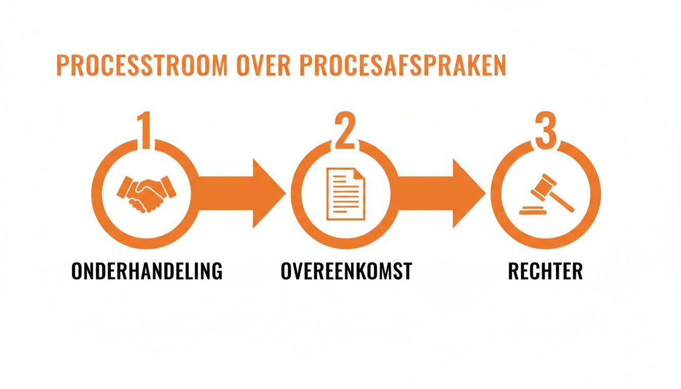 Visuele weergave van de processtroom voor procesafspraken: onderhandeling, overeenkomst en rechter.