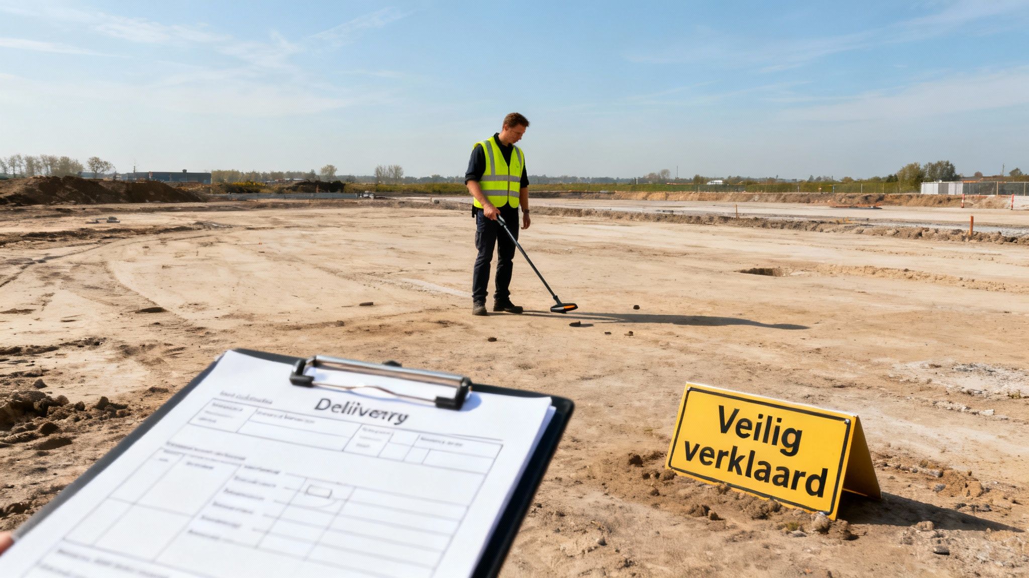 Een specialist in beschermende kleding die een bouwterrein inspecteert met detectieapparatuur