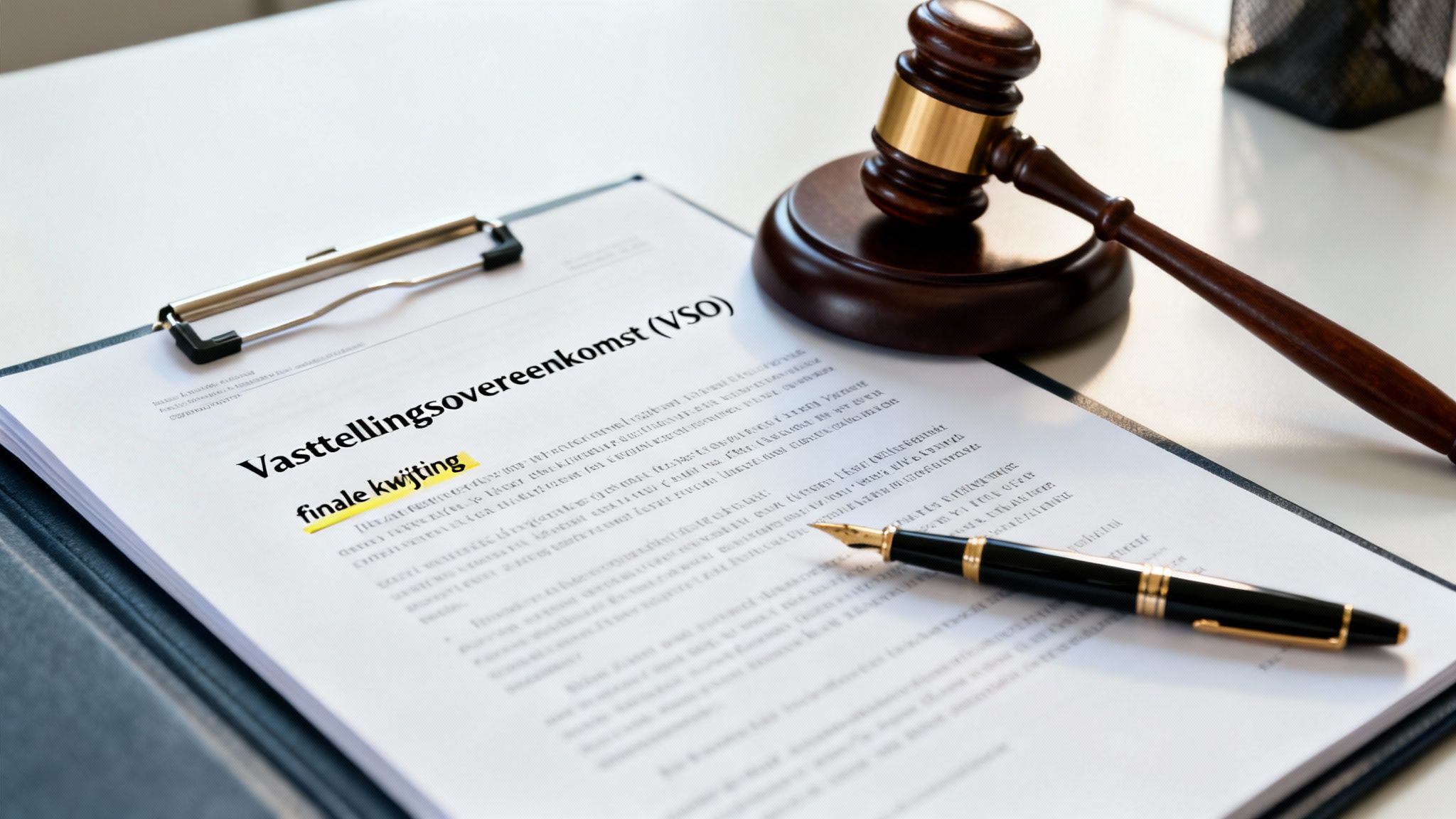 Finale kwijting betekenis: wat houdt deze clausule juridisch in? 2 Een document met 'Vaststellingsovereenkomst' en 'finale kwijting' gehighlight, met een hamer en pen op een bureau.