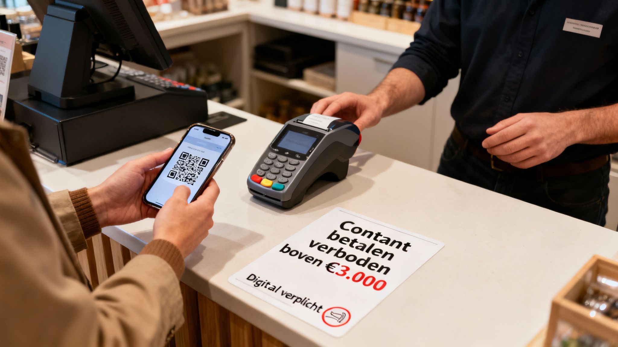 Een klant betaalt digitaal met een QR-code op de smartphone bij een pinautomaat en een bordje over contante betalingen.