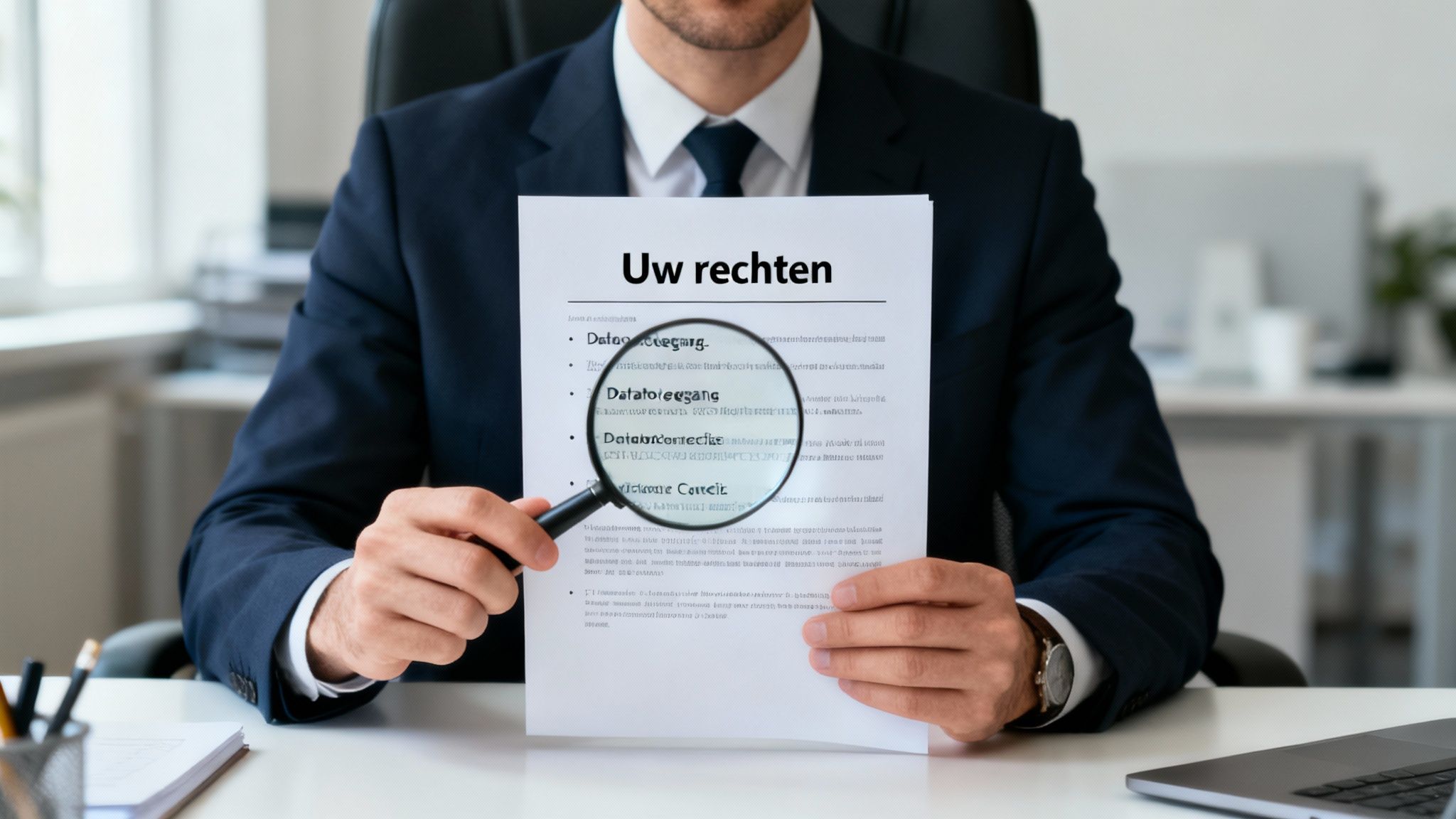 Een medewerker die vol vertrouwen documenten doorneemt, symbool voor het kennen van je rechten