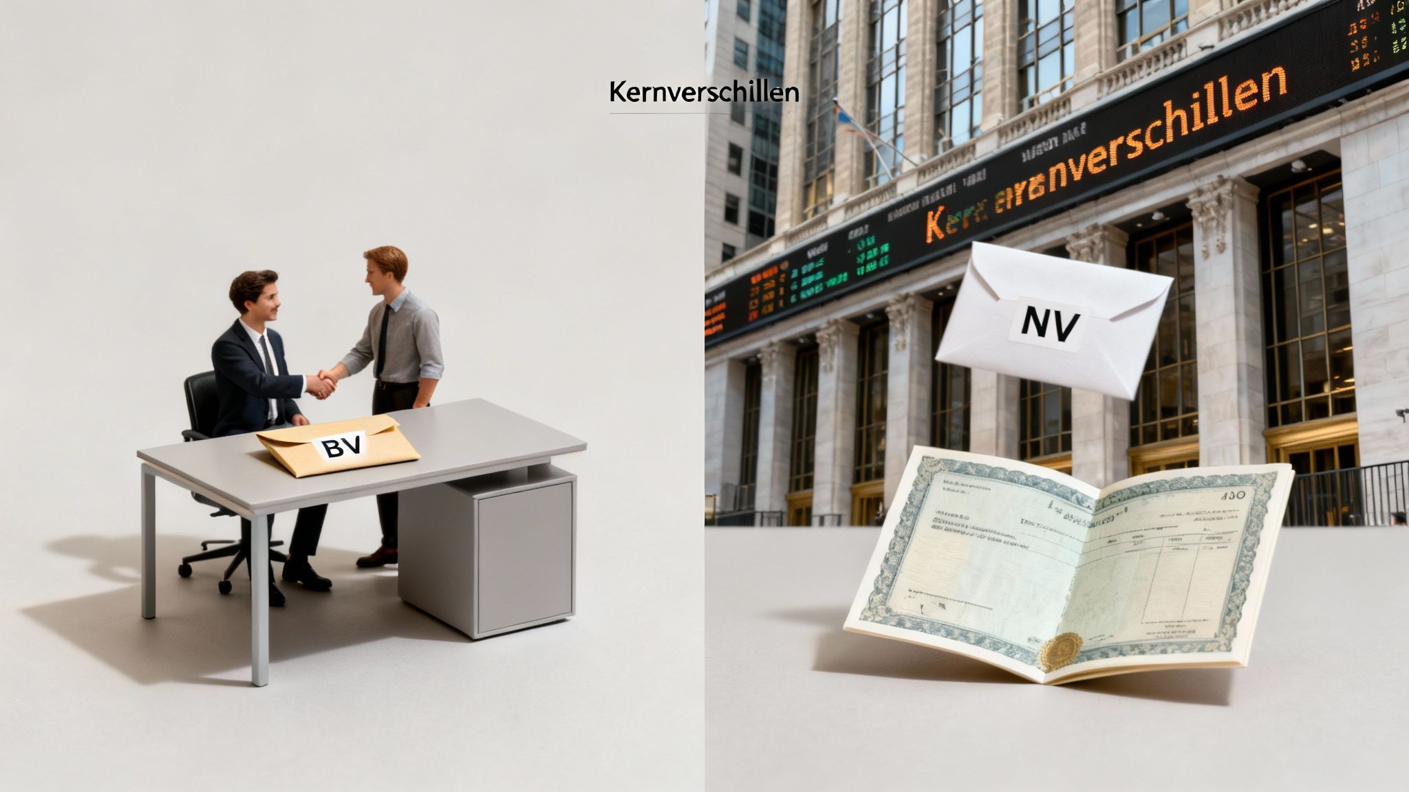 Een afbeelding die de kernverschillen tussen een Besloten Vennootschap (BV) en een Naamloze Vennootschap (NV) visualiseert met symbolische elementen.