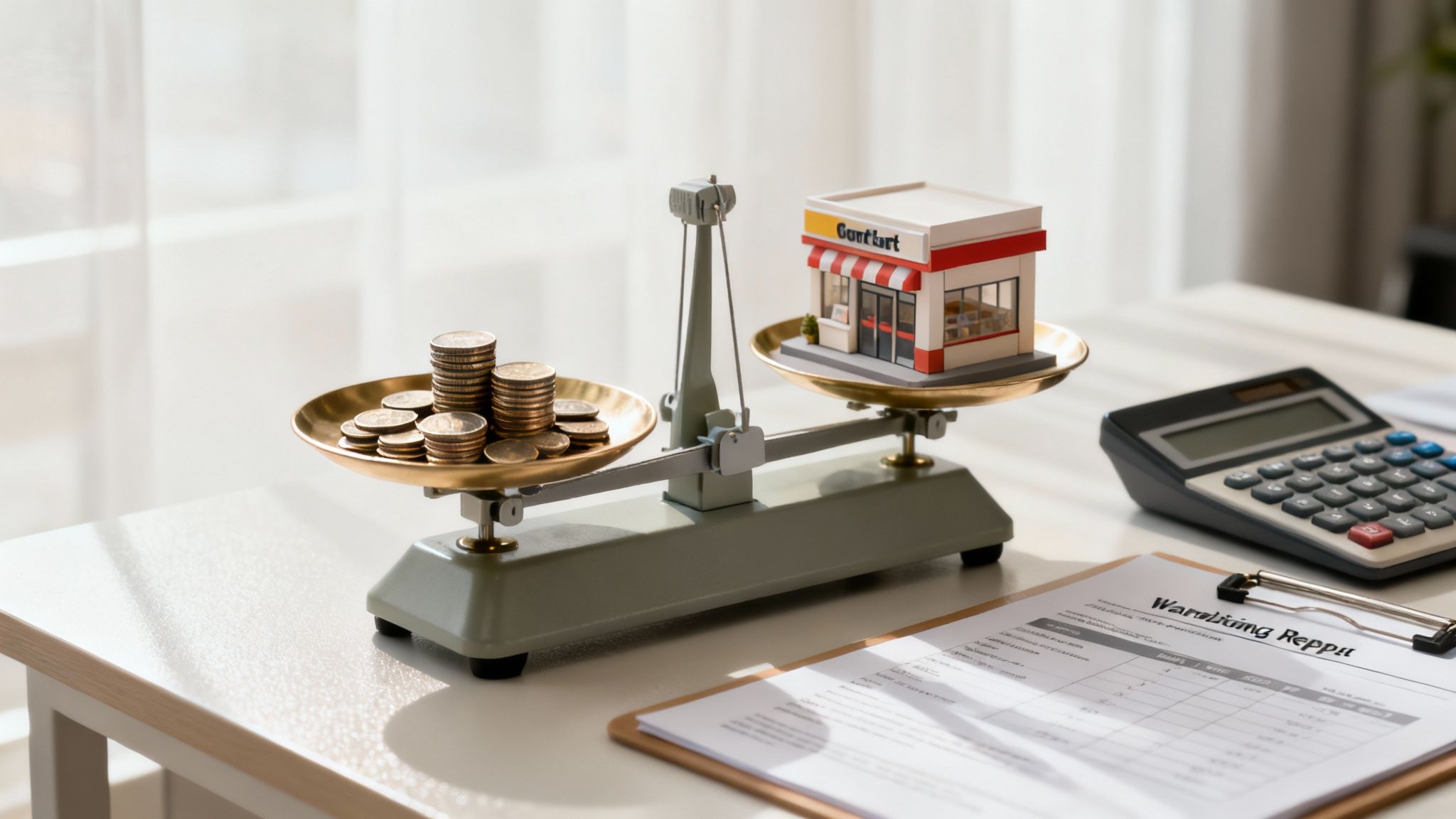 vof en echtscheiding: hoe een vennoot én partner uit elkaar gaan 4 Een rekenmachine, pen en papieren op een bureau, symboliseren de financiële afwikkeling bij een vof en echtscheiding