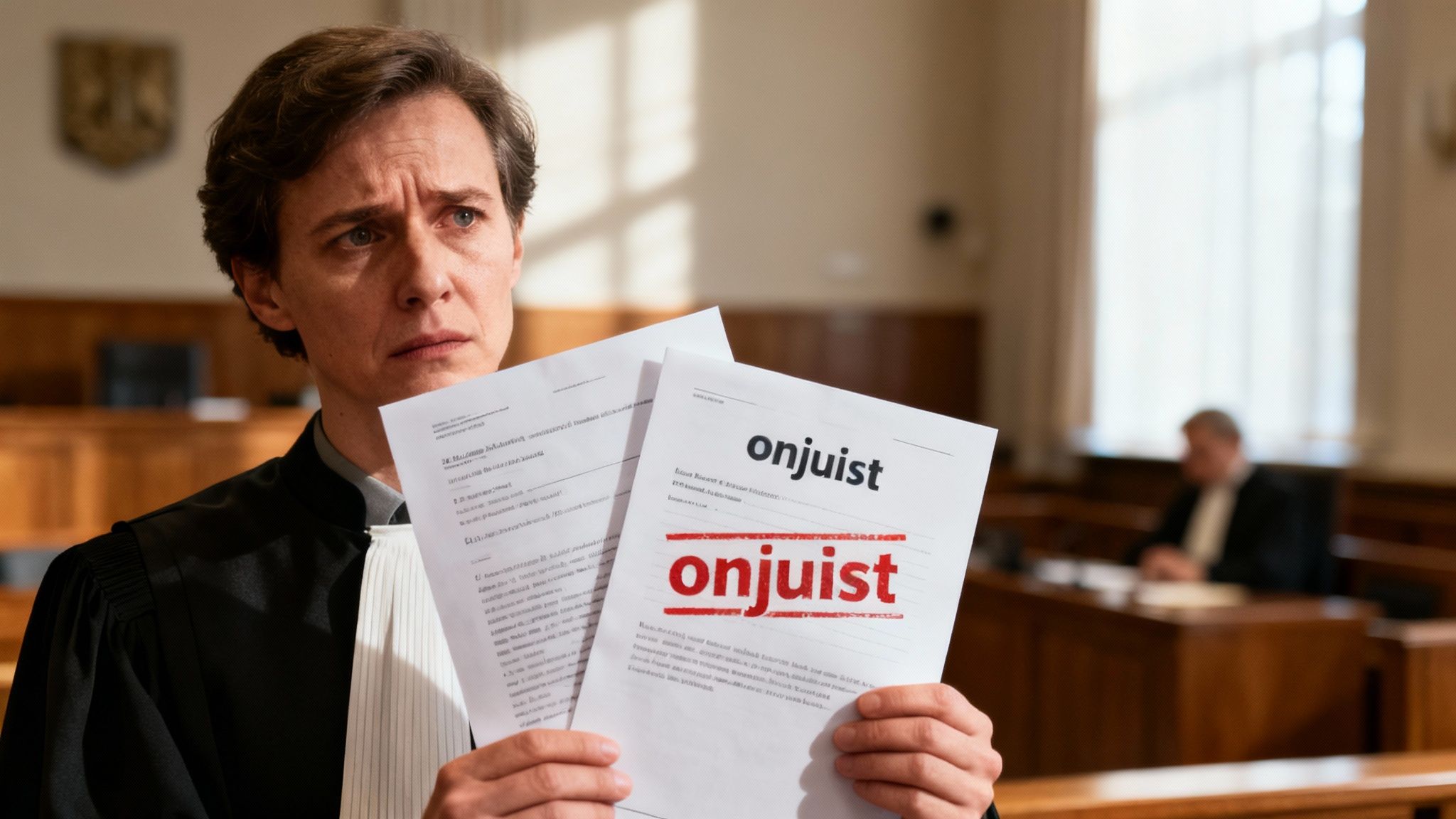 Een bezorgde advocaat in toga houdt twee documenten vast, waarvan één duidelijk 'onjuist' toont in een rechtszaal.