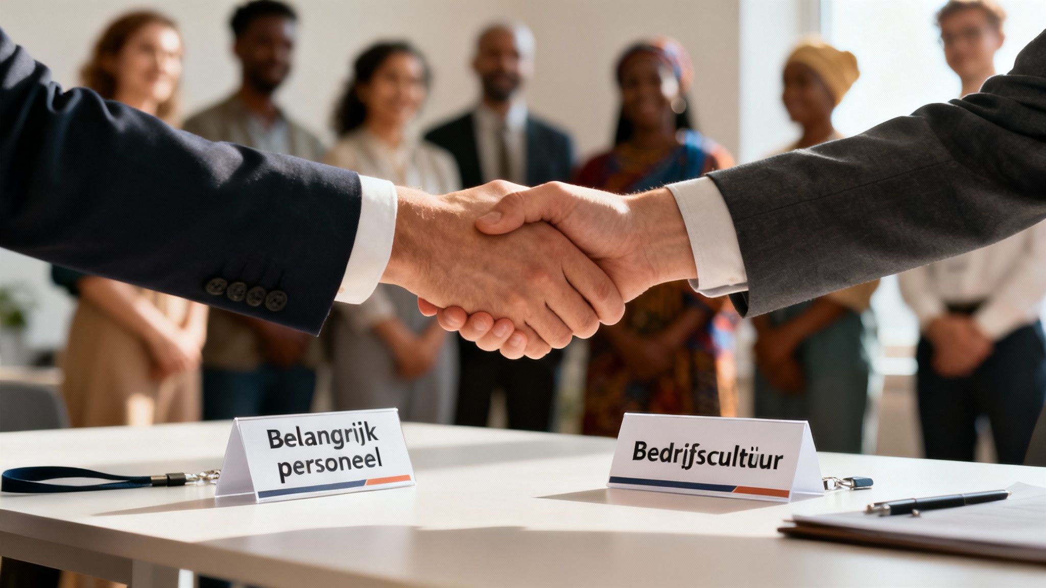 Fusies en overnames in de tech-sector: valkuilen en tips voor een waterdichte due diligence 4 Twee zakenlieden schudden handen boven een tafel met bordjes 'Belangrijk personeel' en 'Bedrijfscultuur'.