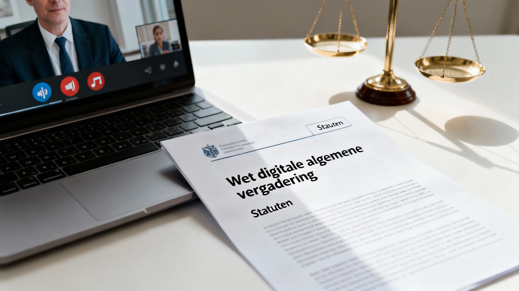 Juridische gids voor digitale algemene vergaderingen 2 Laptop met videovergadering, juridisch document over digitale algemene vergaderingen en weegschaal van Justitie.