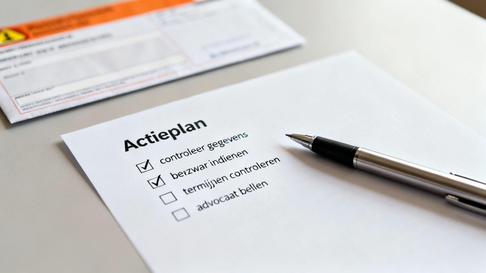 Een actieplan checklist met de taken 'controleer gegevens' en 'bezwaar indienen' aangevinkt, naast een pen en een envelop.
