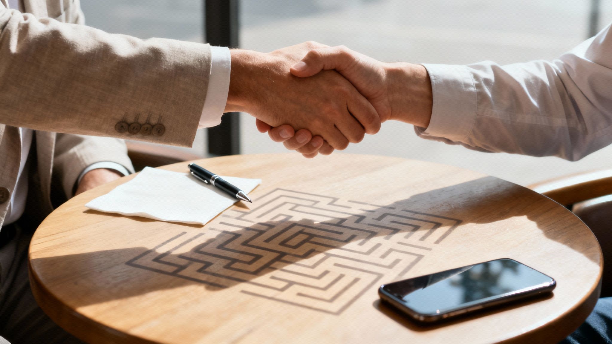 Van informele afspraken naar afdwingbare rechten: Een praktische gids 1 Twee zakenmensen schudden handen boven een tafel met een doolhofpatroon, symbolisch voor het oplossen van complexe problemen.