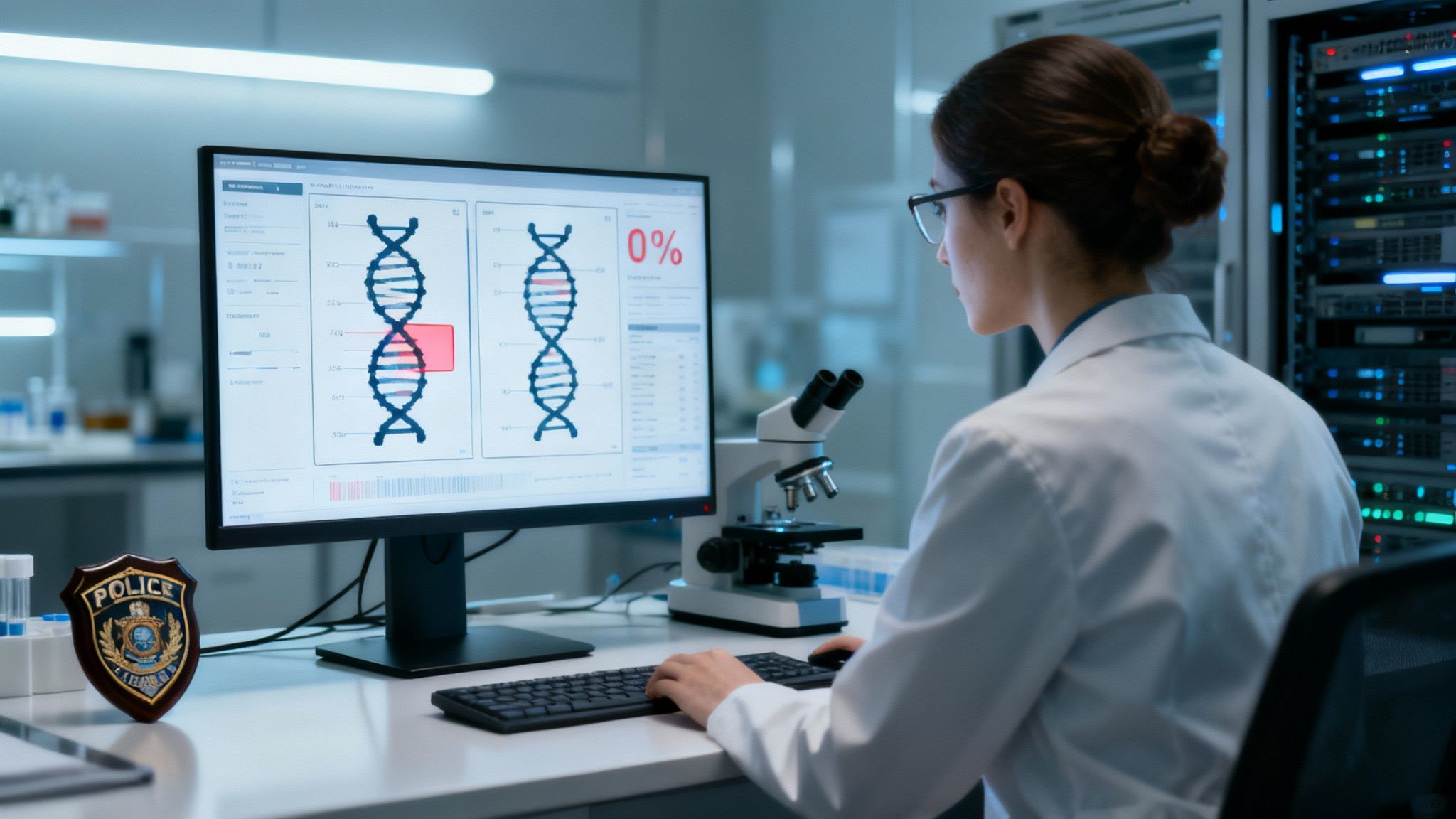 Een wetenschapper die DNA-monsters analyseert in een high-tech laboratorium.