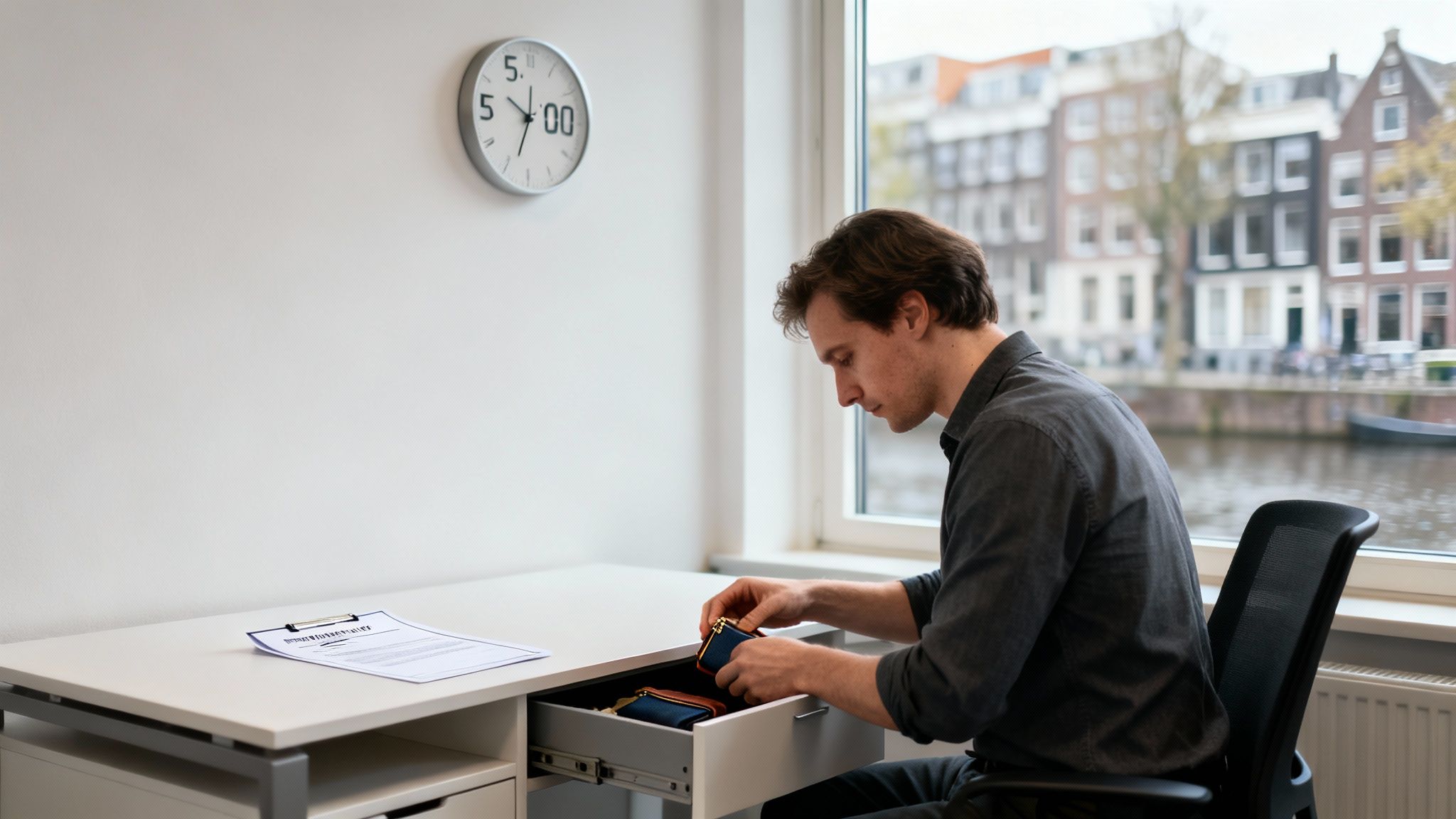 A Dutch Employer's Guide to Responding to Quiet Quitting 3 A man putting items into a desk drawer by a window, with a clock showing 5:00.