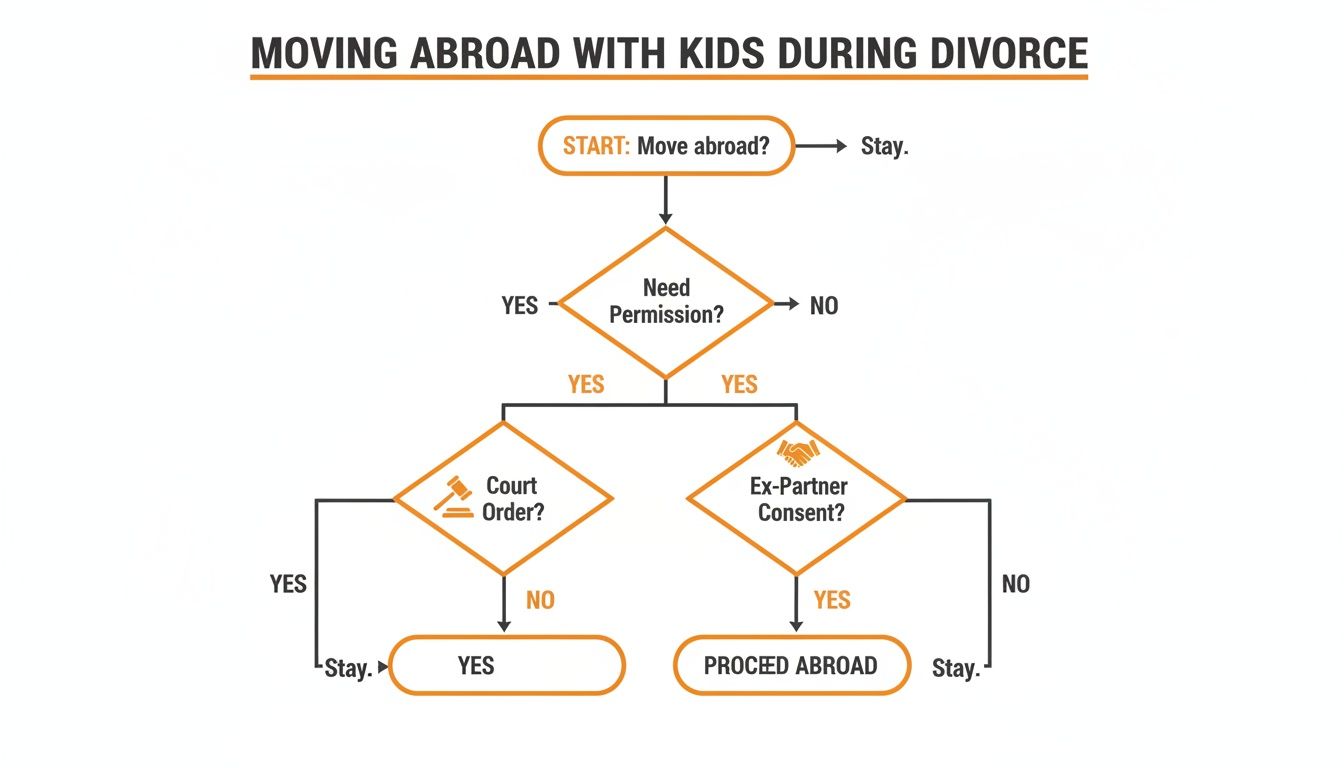 Flowchart illustrating the legal steps and permissions needed to move abroad with children during a divorce.