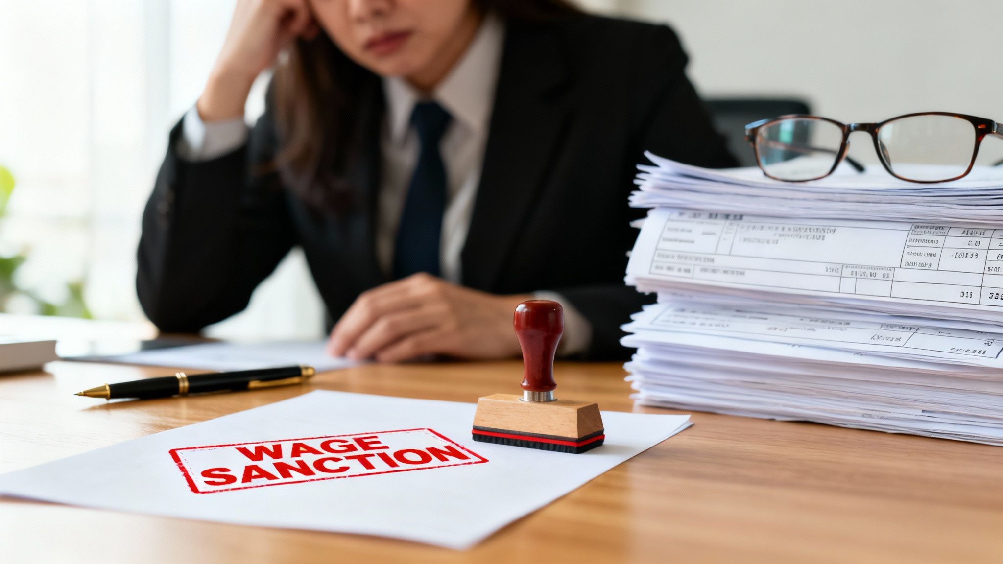 A stressed businesswoman looks at a document stamped "WAGE SANCTION" on a wooden desk.